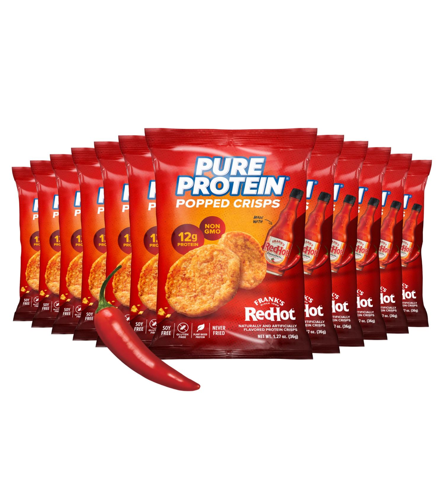 Pure Protein Frank s Red Hot Popped Crisps Spicy Protein Snack 12g Plant Based Protein Gluten Free Non GMO Vegan Air Popped & Puffed Crisps Healthy Protein Snacks 12 Pack - Buy Online on GoSupps.com