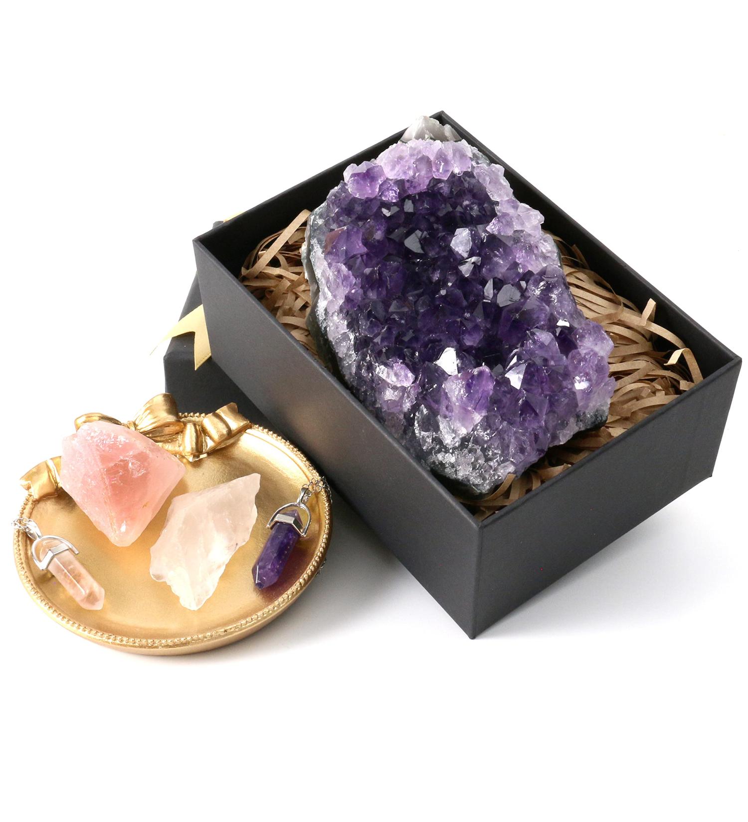 Natural Nvzi Amethyst Cluster 450G - Healing Purple Crystal Geode with Clear Quartz and Rose Quartz for Protection - Buy Online on GoSupps.com