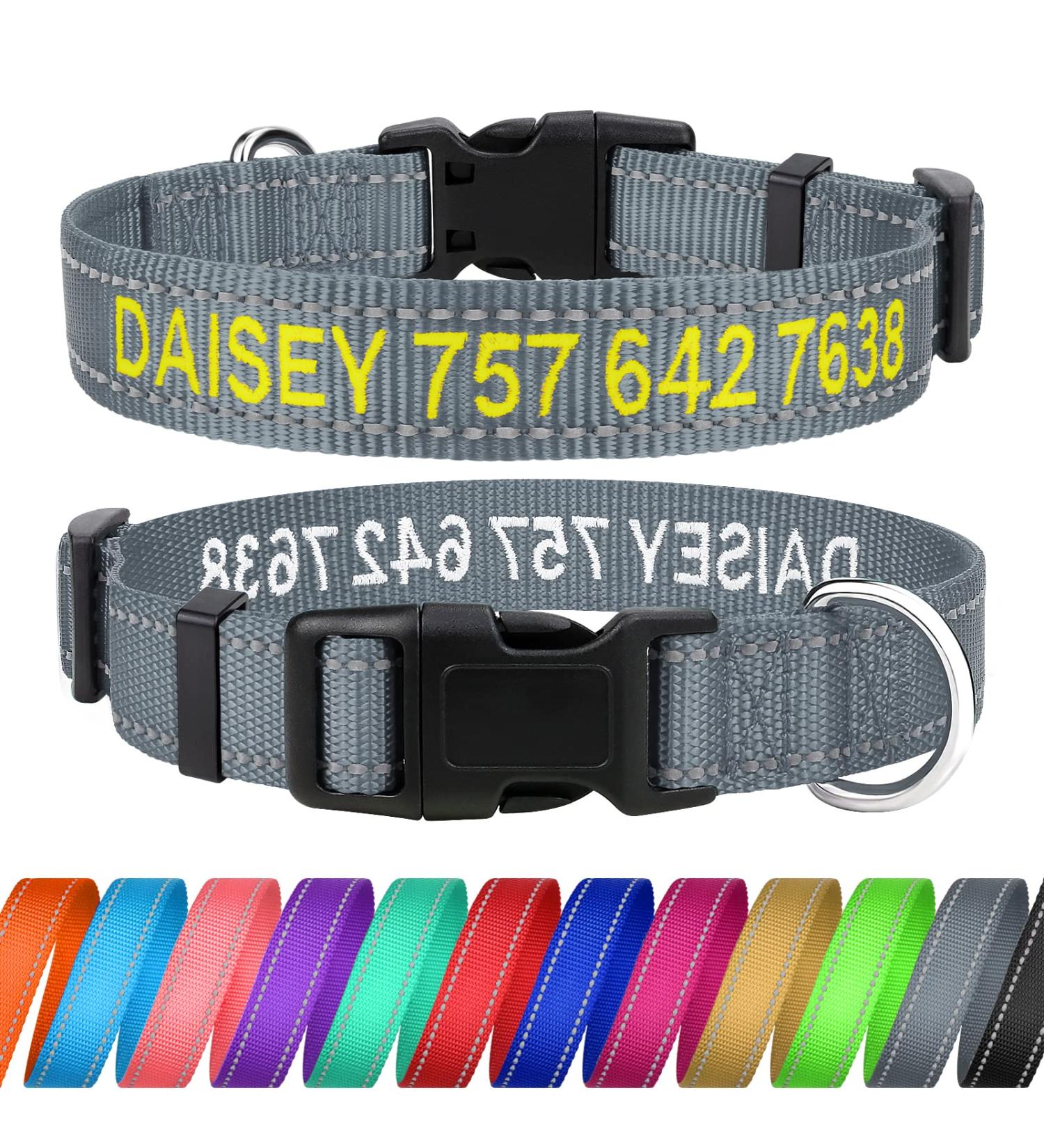 Shop Tagme Personalized Dog Collar for Large Dogs - Embroidered Reflective Nylon with Pet Name & Phone Number | Gray (1 Pack) - Buy Online on GoSupps.com