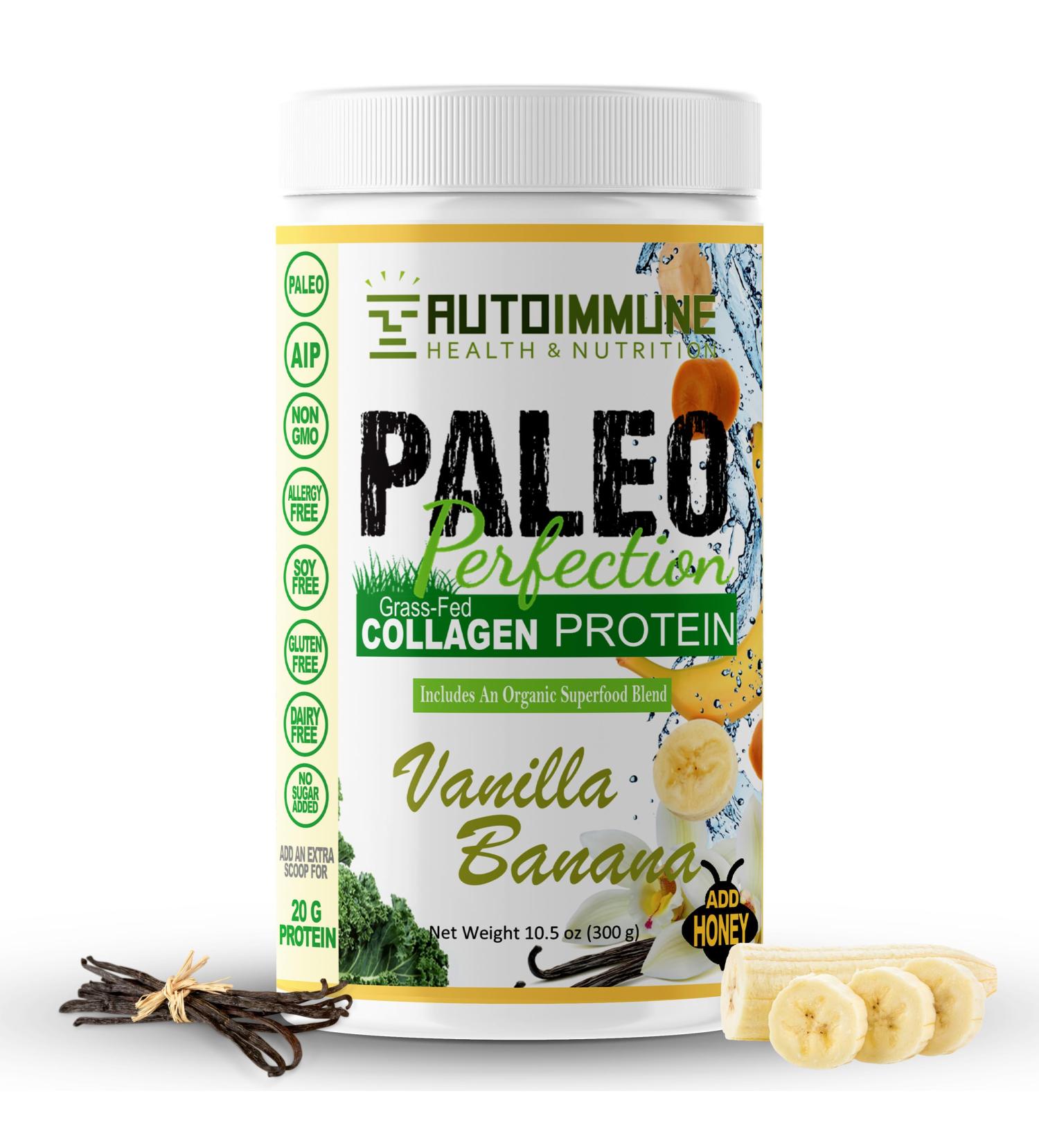 Paleo Perfection Vanilla Banana Grass Fed Beef Collagen Protein Powder without Stevia - Paleo Keto SCD AIP Protein Powder with Apple Fiber Carrot & Broccoli - 300g Protein Powder & Superfood Blend Vanilla Banana (No Ste  - Buy Online on GoSupps.com