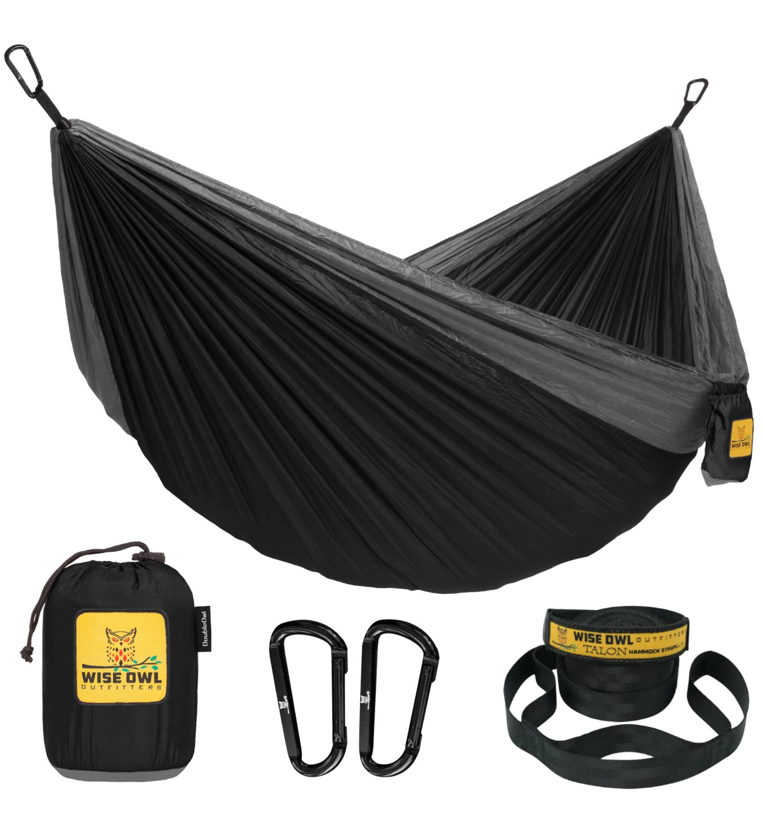 Wise Owl Outfitters Camping Hammock - Portable Double Hammock with Tree Straps Black & Grey - Ideal for Outdoor and Indoor Use - Buy Online on GoSupps.com