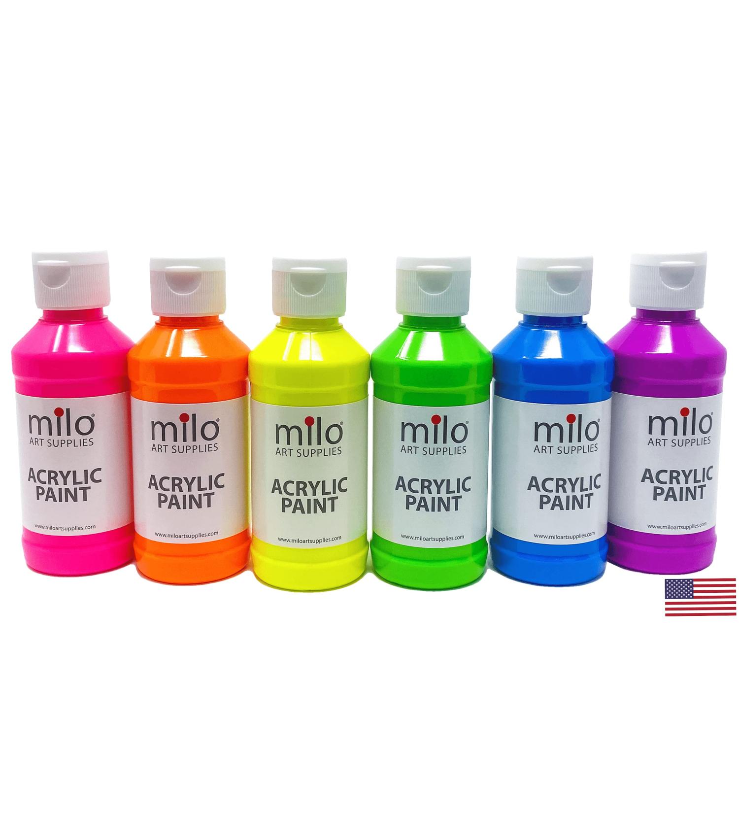 Milo Fluorescent Acrylic Paint Set - 6 Neon Colors | 4 oz Bottles | Made in the USA | Non-Toxic Craft Paint for Artists & Kids | UV Reactive | Glow in Black Light - Buy Online on GoSupps.com