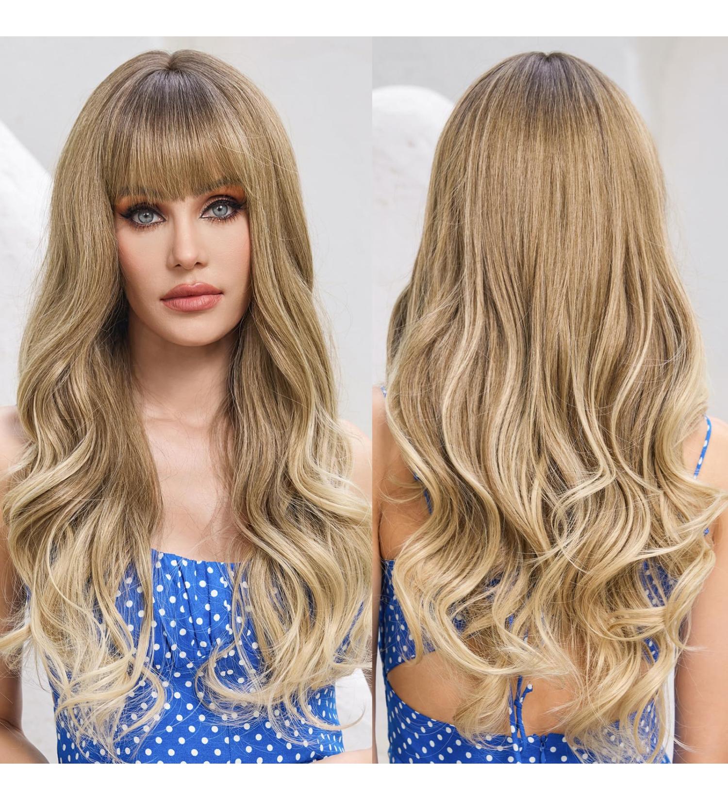 EMMOR Ombre Ash Blonde Wavy Wig with Bangs | Heat Resistant Synthetic | Natural Look for Daily Wear - Buy Online on GoSupps.com