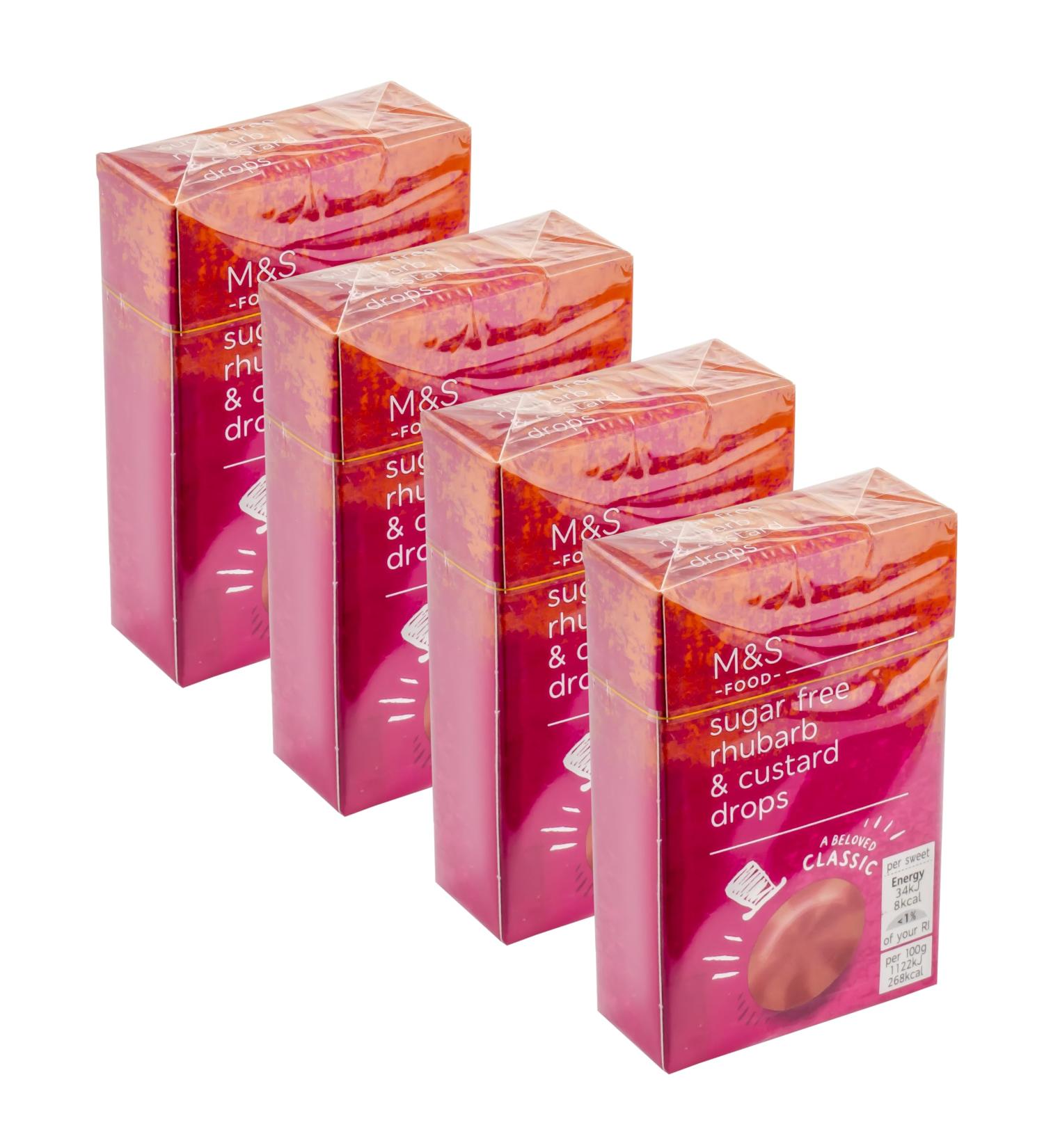 M&S Sugar Free Rhubarb & Custard Drops Hard Boiled Candy Sweets with Sweeteners Vegetarian - Set of 4 x 42g Boxes
