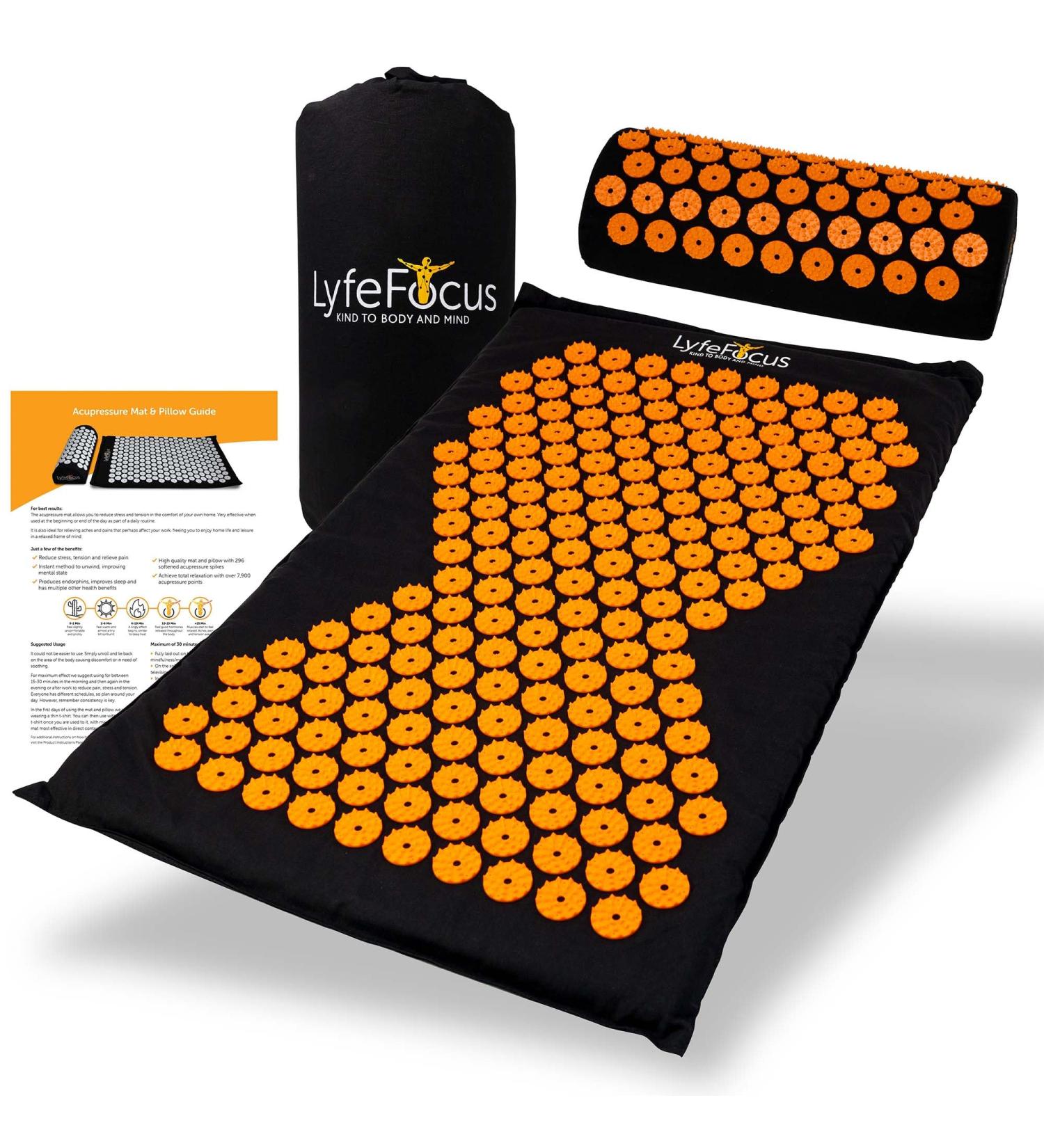 LyfeFocus Acupressure Mat & Pillow Set with Travel Bag - Back, Neck & Shoulder Pain Relief - Black & Orange - Buy Online on GoSupps.com