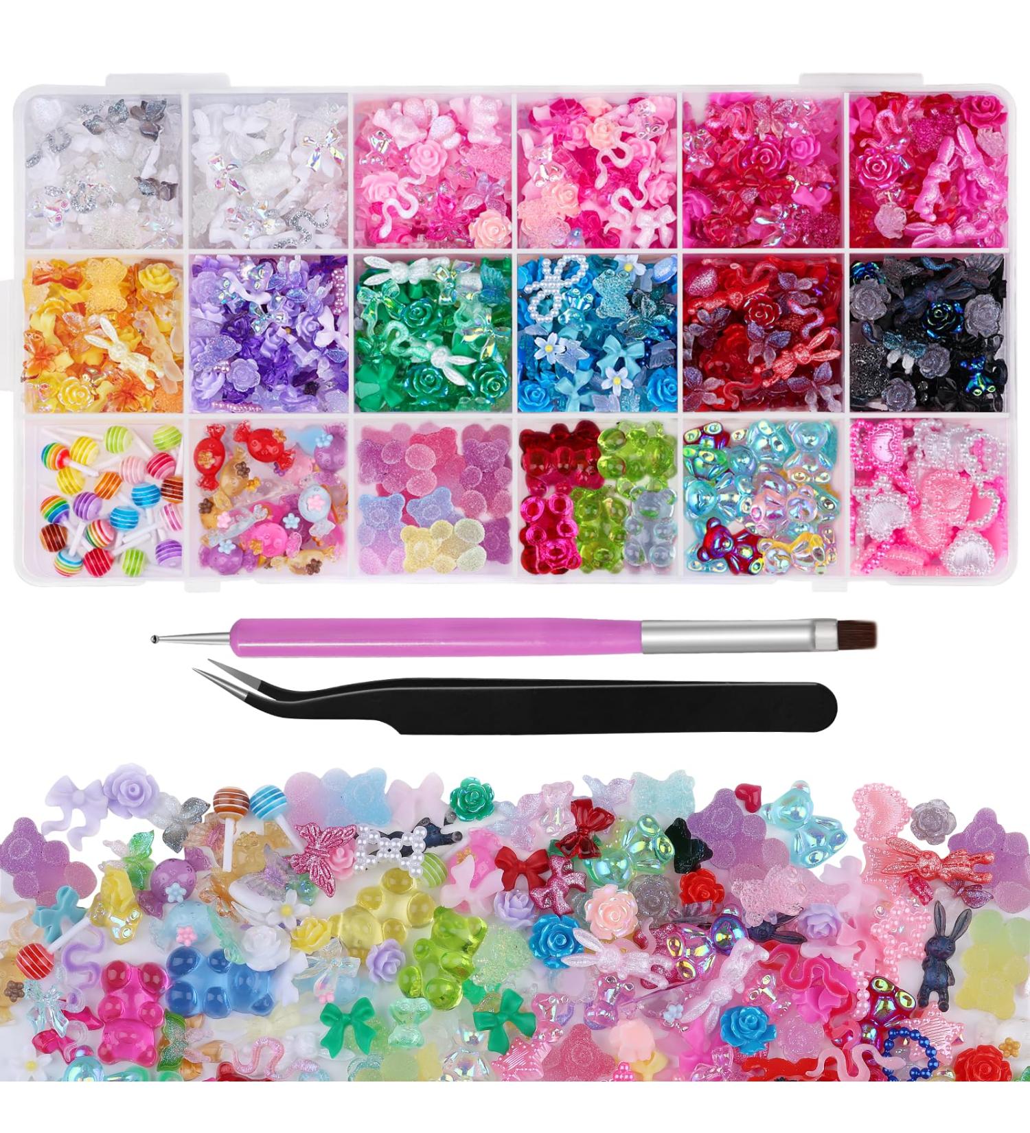 960 Pieces 3D Bear Candy Nail Charms Set | Pink & Black Flower Butterflies for Nail Art & Craft | Includes Tweezer & Brush - Candy Bear 18 Grids - Buy Online on GoSupps.com