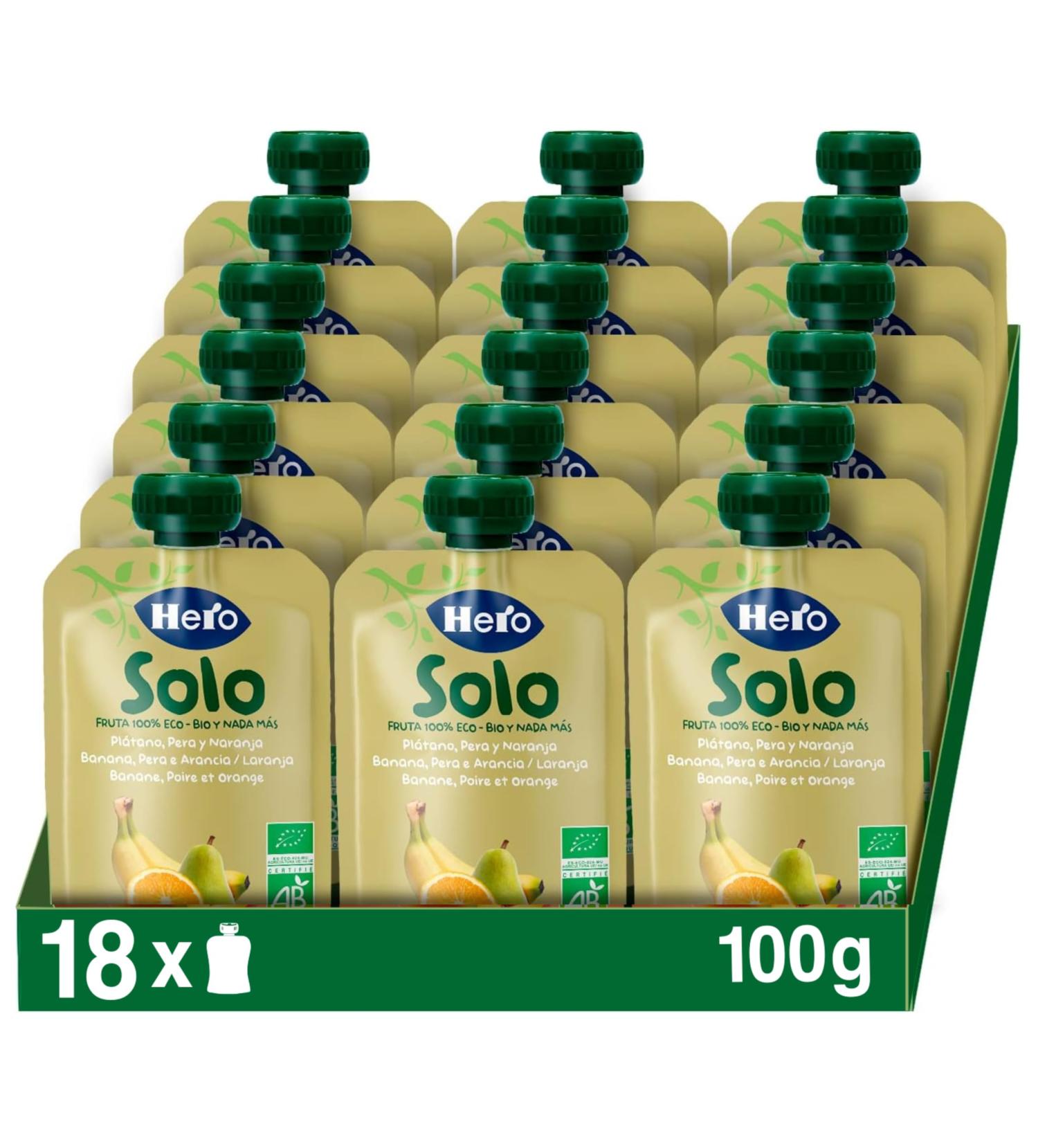Hero Solo Organic Bottle of Banana Pear and Orange 100% Natural Organic Fruit Puree Compote without Added Sugar Gluten Free for Babies from 4 Months Pack of 18 x 100 g - Buy Online on GoSupps.com