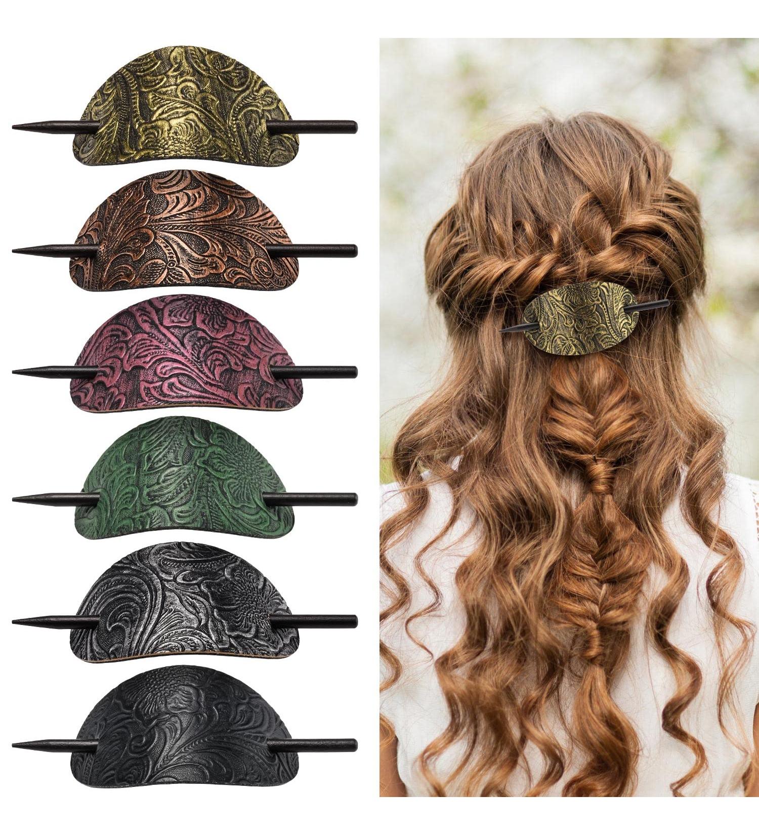Bohemian Oval Hair Clip Set - 6pcs Synthetic Leather & Wooden Slide Tab | Perfect Hair Accessories for Women & Girls - Buy Online on GoSupps.com