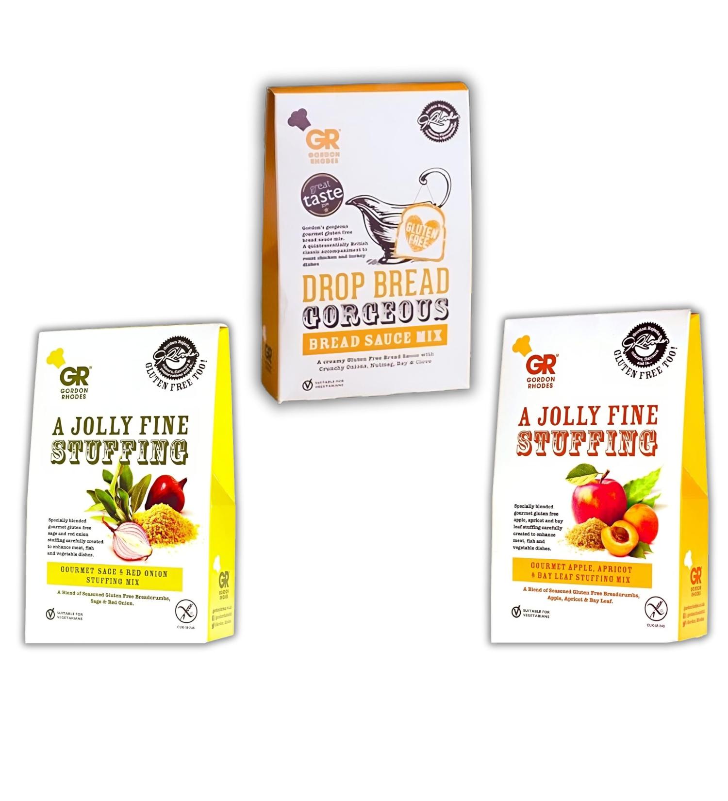 Gordon Rhodes Bread Stuffing Pick N Mix - Choose From Box with 3 Flavours - Gourmet G/F Sage & Red Onion Gluten Free Drop Bread Gorgeous Sauce Gourmet G/F Apple Apricot & Bay - Pack of 3 x 125g - Buy Online on GoSupps.com