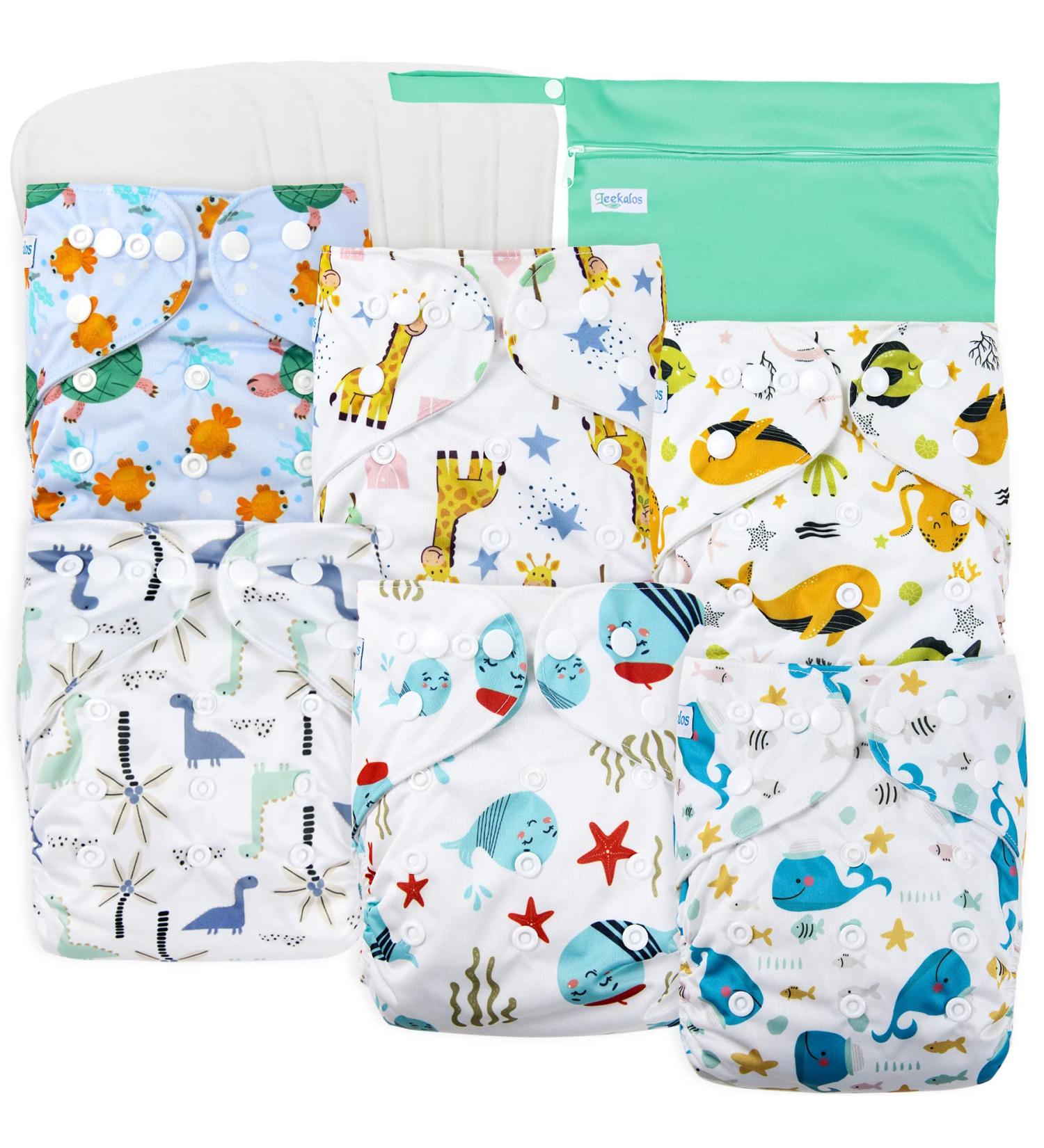 Leekalos Cloth Diapers Reusable with Bamboo Inserts & Wet Bag - Undersea Design for Boys and Girls - Buy Online on GoSupps.com