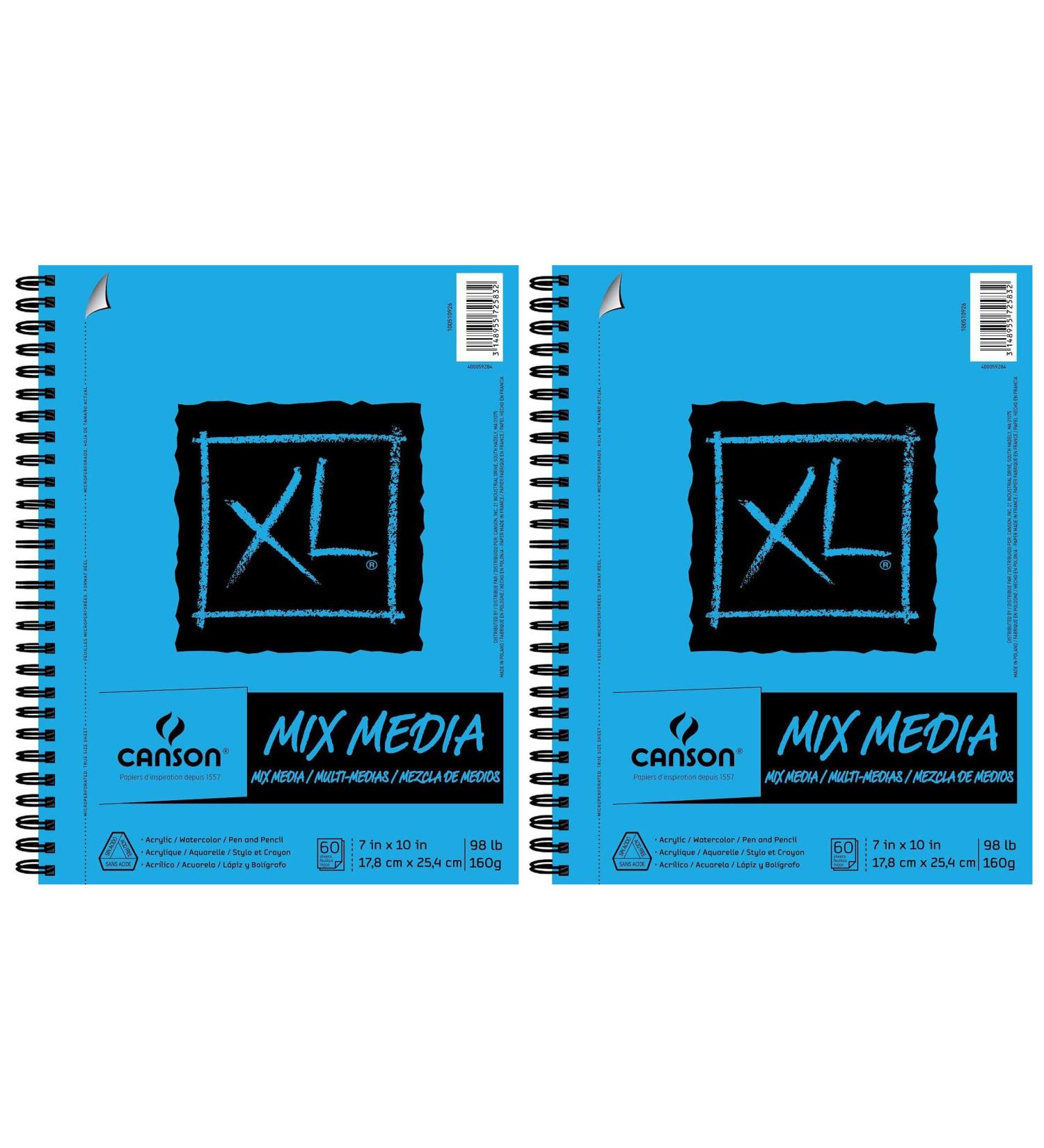Canson XL Series Mix Media Paper Pad, Heavyweight, Fine Texture, Heavy Sizing for Wet and Dry Media, Side Wire Bound, 98 Pound, 7 x 10 Inch, 60 Sheets - 100510926 (7" x 10" 2 Pack)