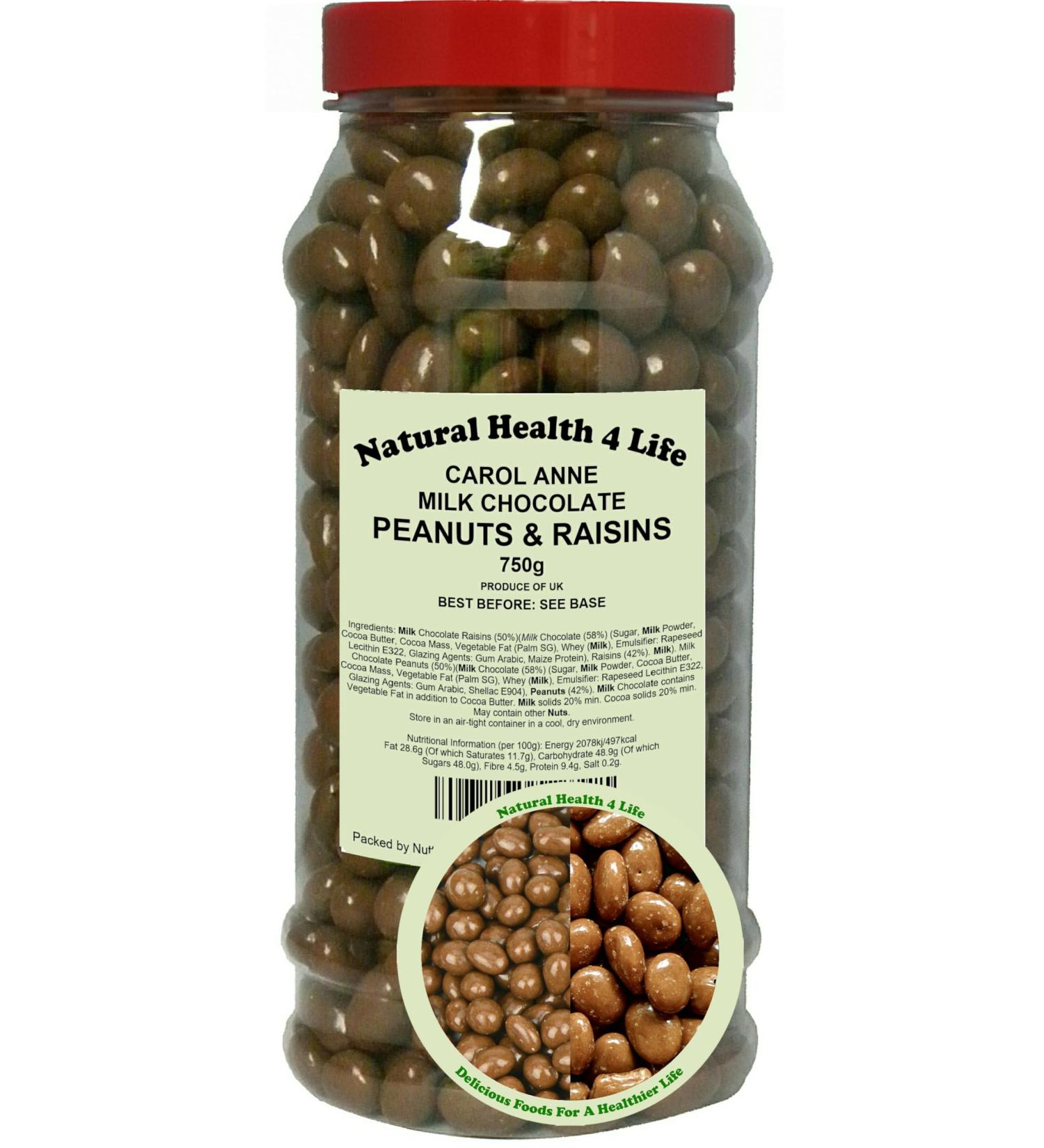 Natural Health 4 Life Carol Anne Confectionery Milk Chocolate Peanuts & Raisins 750 grams in Recyclable Gift Jar (1 Jar) - Buy Online on GoSupps.com