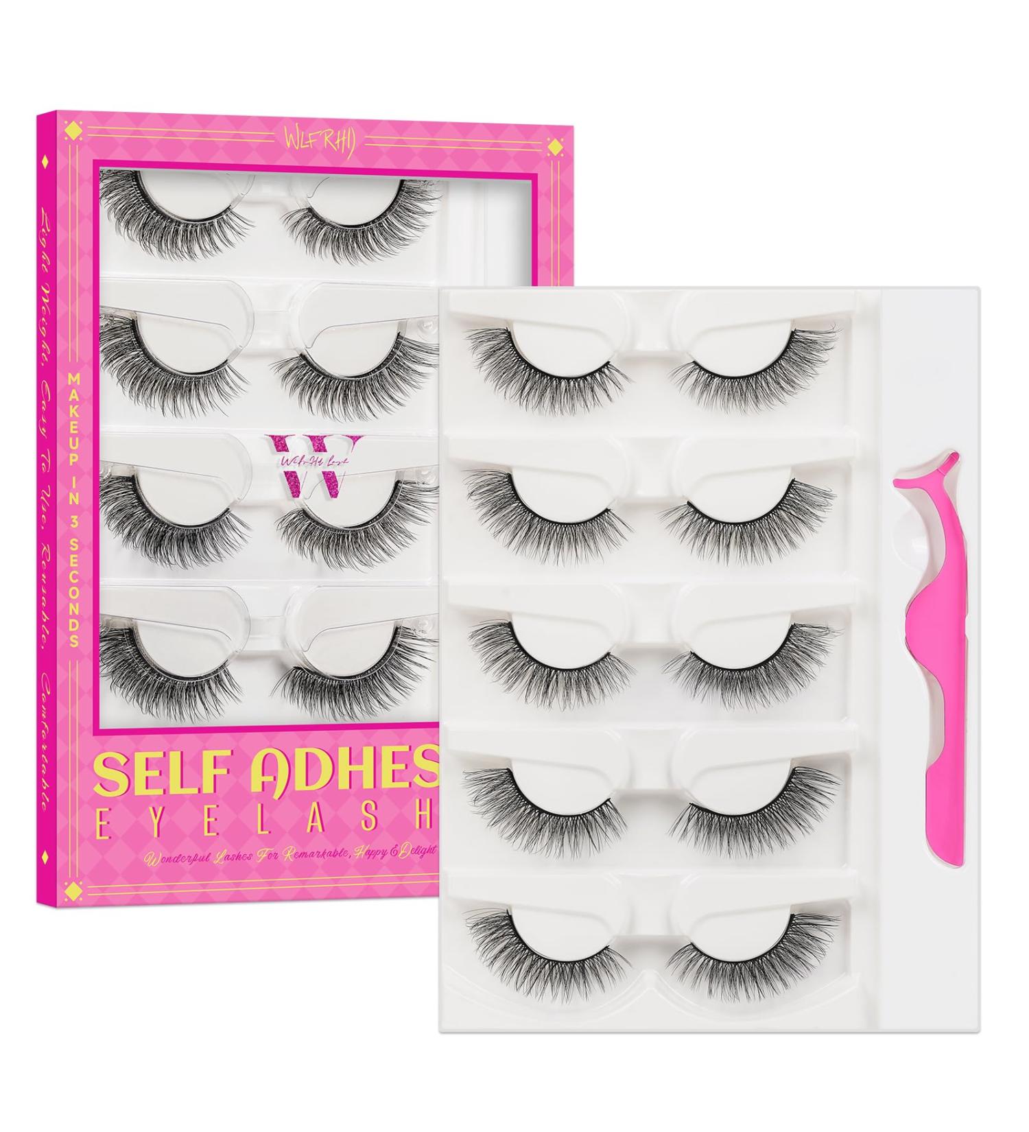 Self Adhesive Eyelashes - 5 Pairs Reusable False Lashes with Tweezers | No Glue Needed - Easy Application at Home (Strawberry - Buy Online on GoSupps.com