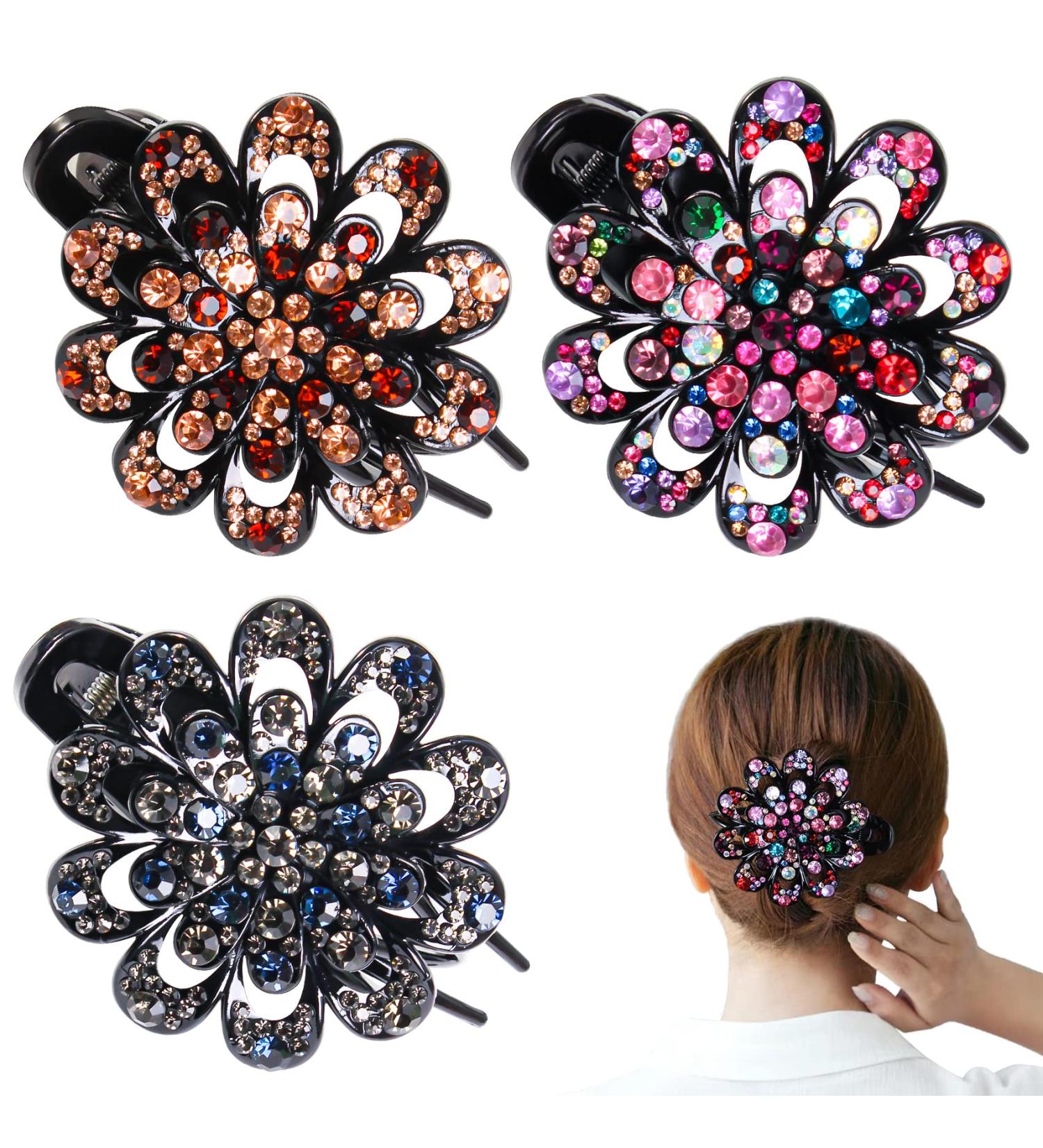 WYCHUN 3PCS Womens French Curved Duckbill Hair Clips with Flower Rhinestone Design - Multi-colored | Stylish Barrettes for Thick Hair - Buy Online on GoSupps.com