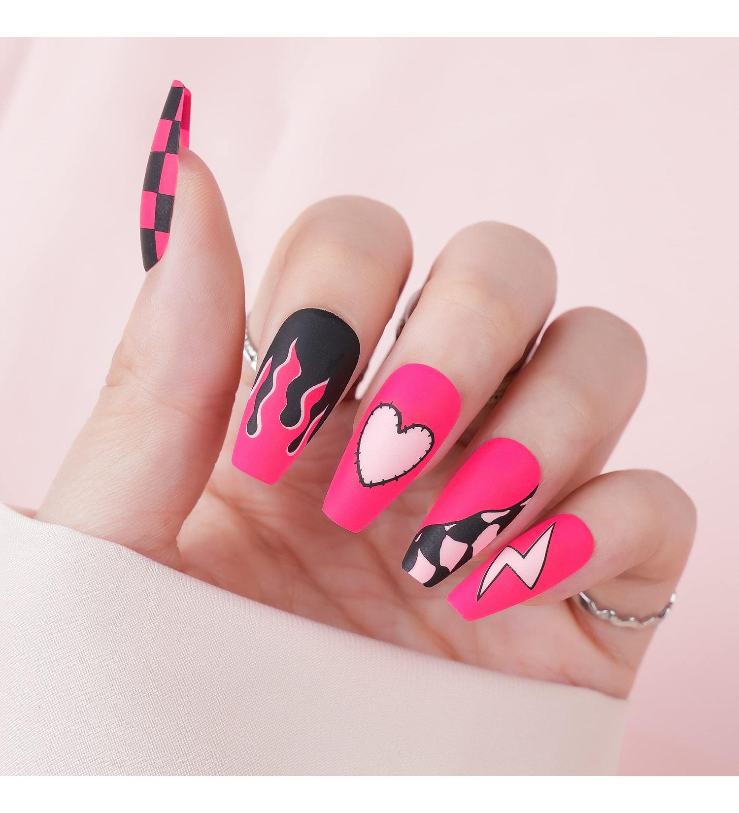 Jofay Fashion Press on Nails - Pink Checkered | Reusable Black Heart Flame Design Medium Coffin Ballerina Matte Stick on Nails | 24 Fake Nail Kit - Buy Online on GoSupps.com