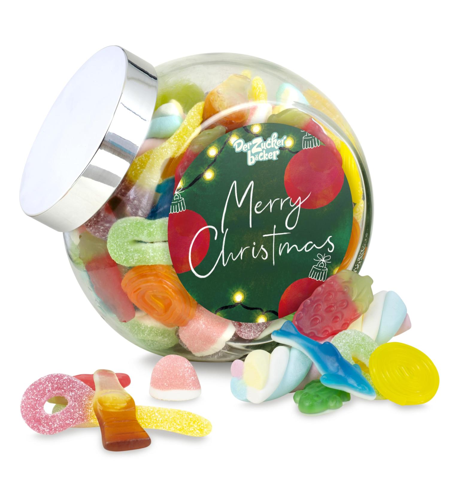 Merry Christmas Suitable Glass-Christmas Sweetness Mix in a fine sloping neck glass with lid as a gift idea at Christmas and Nikolaus Merry Christmas