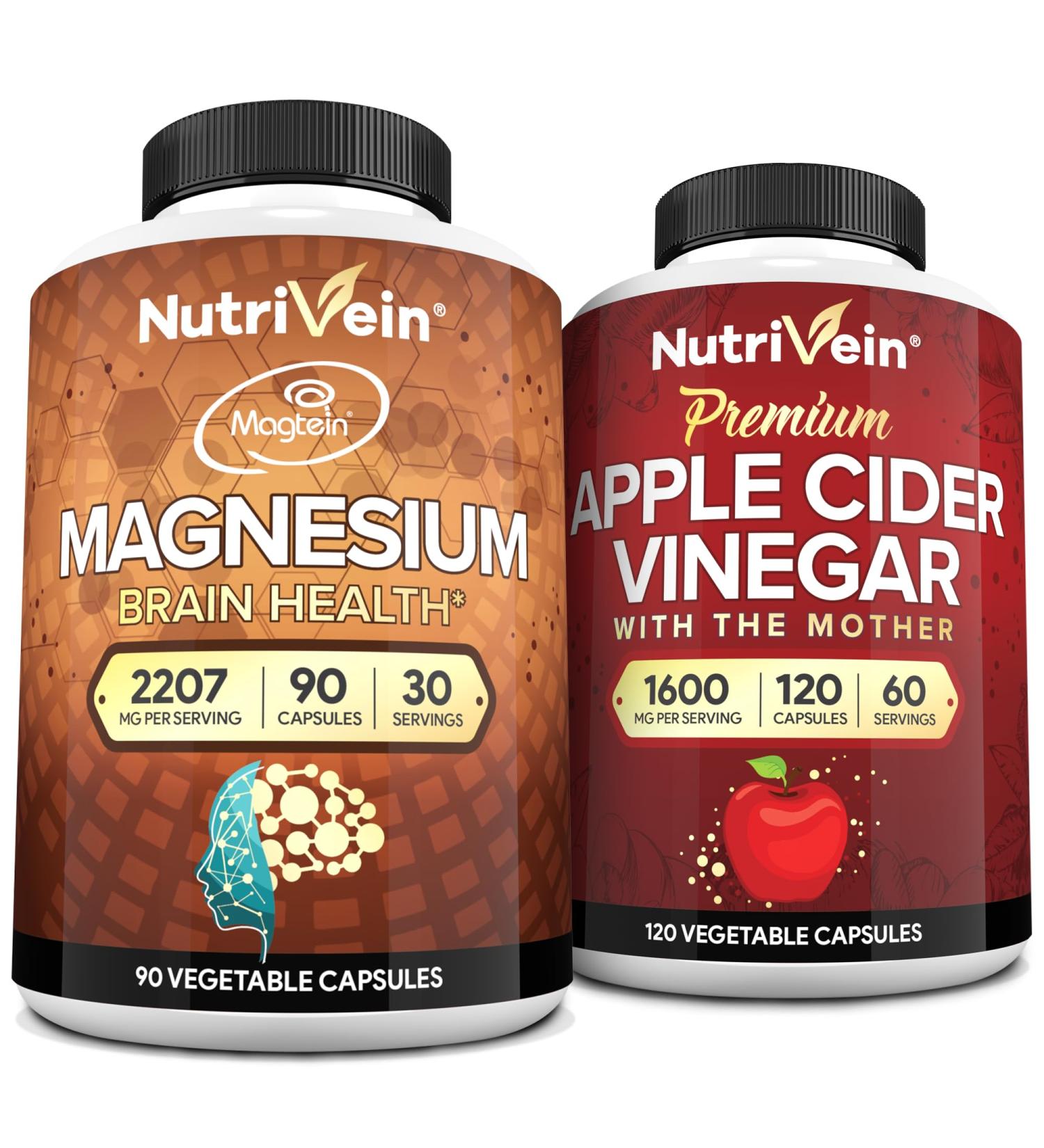 Nutrivein Premium Apple Cider Vinegar Capsules & Magnesium L-Threonate Bundle: High-Absorption Magnesium Threonate Supplement and Apple Cider Vinegar Supplements for Brain, Gut, & Overall Well-Being - Buy Online on GoSupps.com
