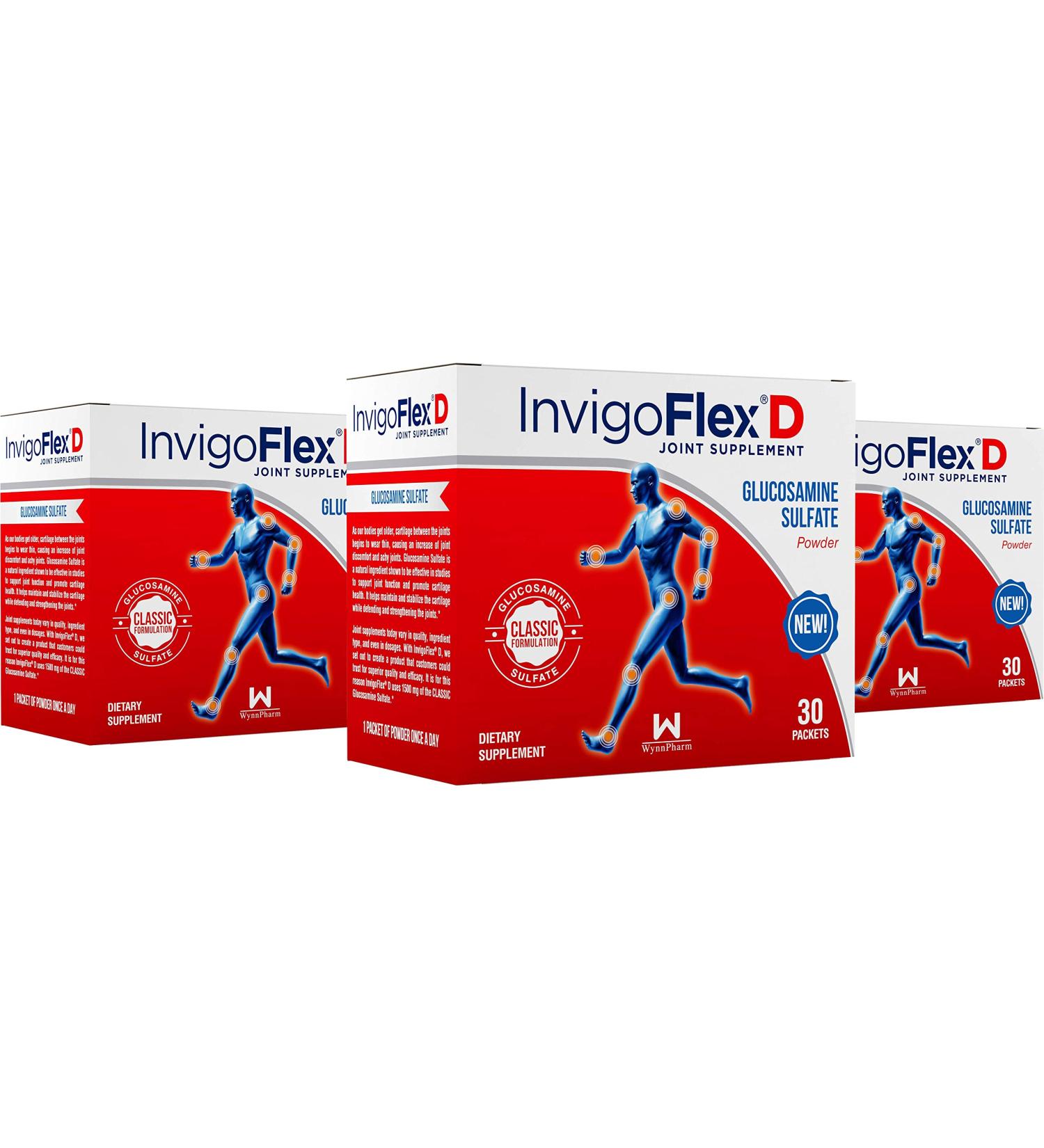 INVIGOFLEX 1500mg of Glucosamine Sulfate Powder (Classic Formulation) - Premium Joint Supplement for Knees Hands Back and Hip Support D: Glucosamine Sulfate Packets - 90 Packets (Pack of 3) 1.88 Pound (Pack of 3) - Buy Online on GoSupps.com