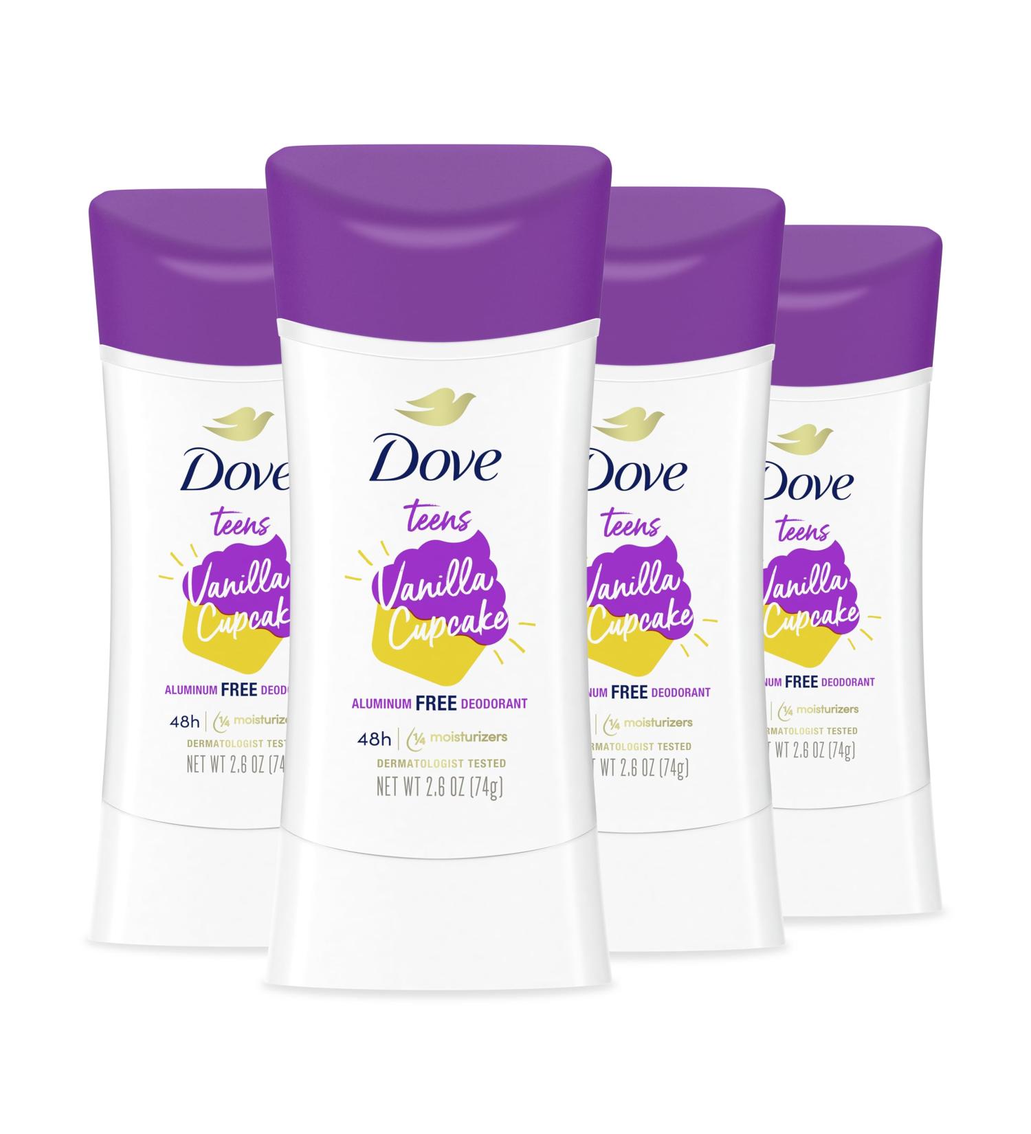 Dove Teens Deodorant Stick Vanilla Cupcake 4 Count Deodorant stick for teens 48-hour protection without aluminum 2.6 oz - Buy Online on GoSupps.com