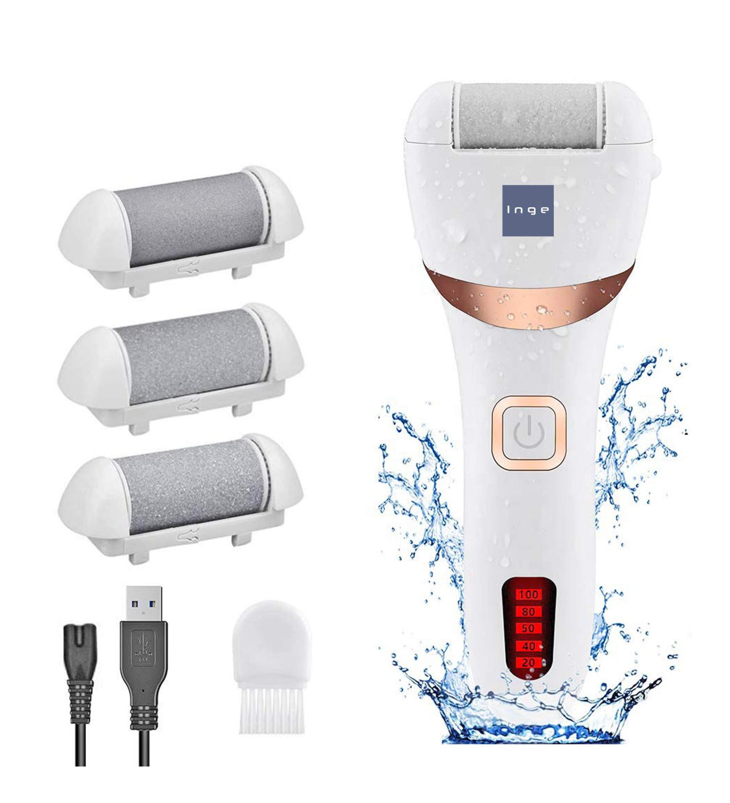 Inge Hard Skin Remover Foot Electric | Hard Skin Remover | Foot Files for Hard Skin | Foot Scrubber with USB Cable | 3 Interchangeable Heads White - Buy Online on GoSupps.com