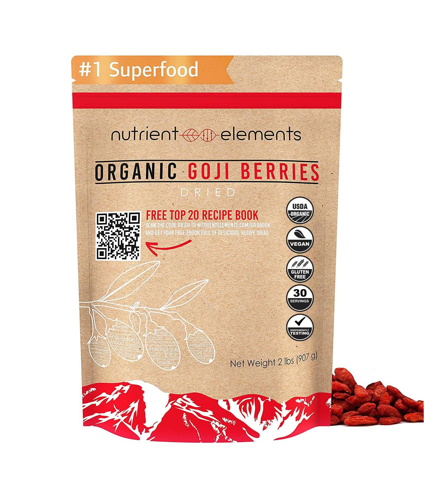 Organic Raw Goji Berries - 2 lbs/32oz USDA Certified Superfood - Non GMO, Resealable Bag - by Nutrient Elements - Buy Online on GoSupps.com