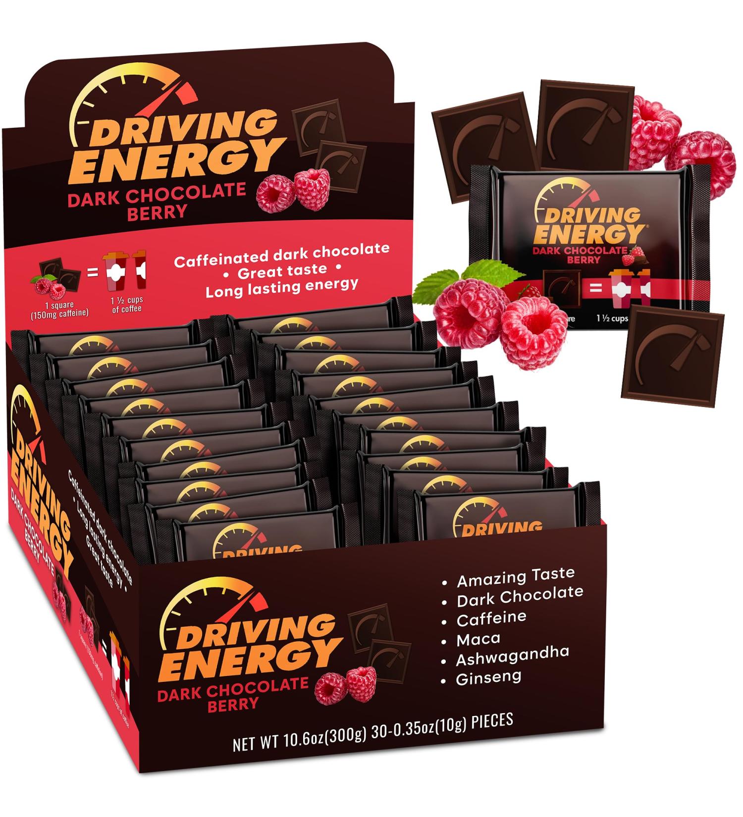 Driving Energy - Caffeinated Energy Bite Size - Dark Chocolate Berry Fuel with 150mg Caffeine - Long-Lasting for Gym Workout Adults - Great Taste - Low Carb - Healthy Snack - 30 Count 30 Count (Pack of 1) - Buy Online on GoSupps.com