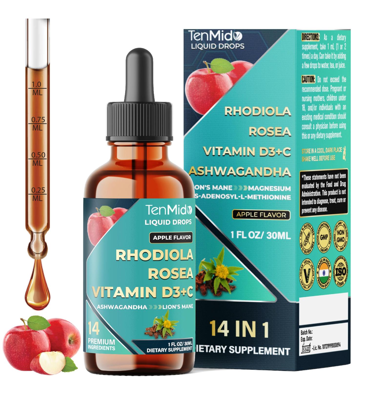 Tenmido 14in1 Rhodiola Rosea Tincture with Ashwagandha Lion's Mane Magnesium Glycinate Citrate Malate L-Theanine Same Shilajit Turmeric Sea Moss & More - 30ml 1 Fl Oz - Buy Online on GoSupps.com