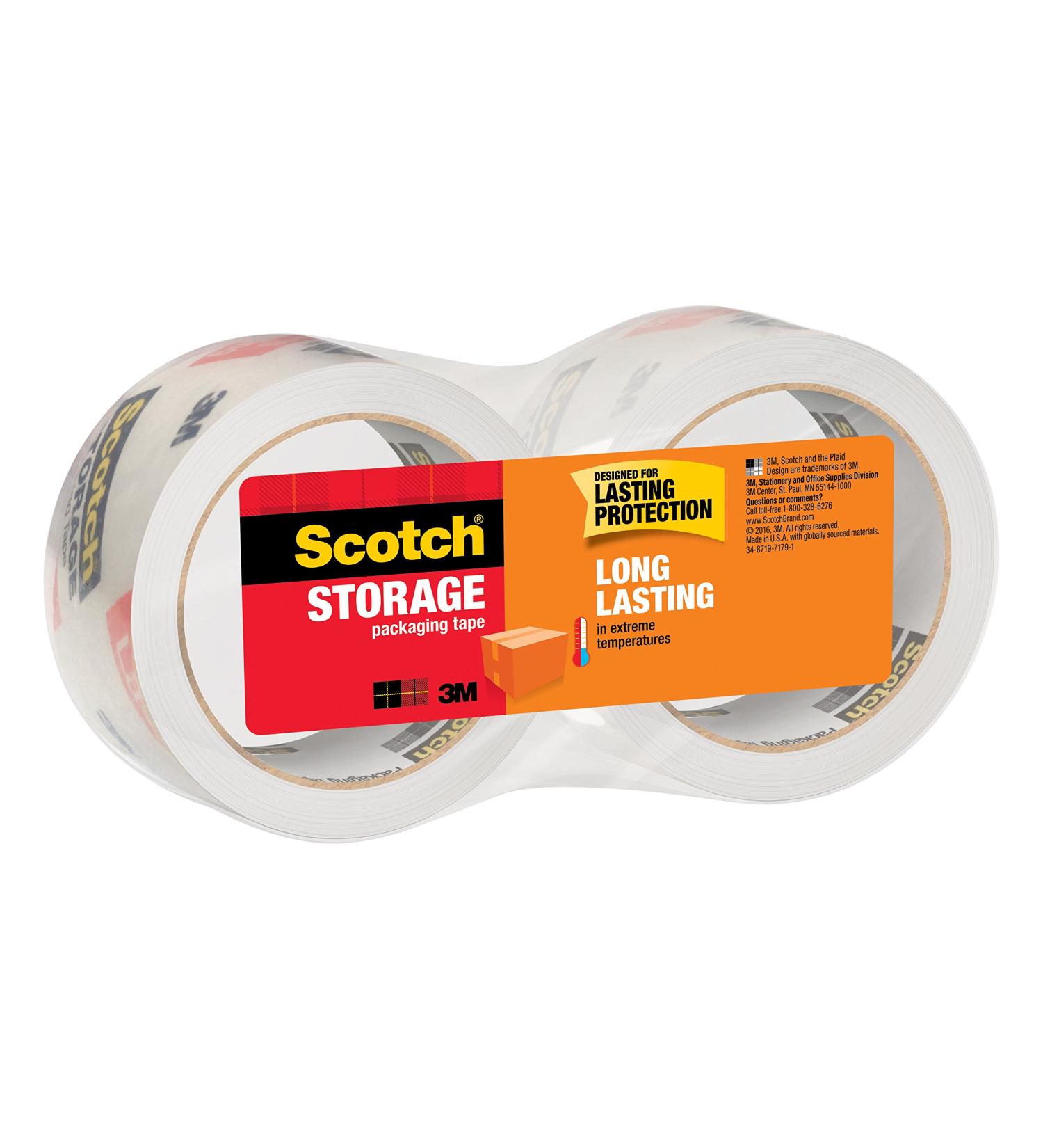 Scotch Long Lasting Storage Packaging Tape, 1.88" x 54.6 yd, Designed for Storage and Packing, Stays Sealed in Weather Extremes, 3" Core, Clear, 2 Rolls (3650-2) 2 Rolls Tape
