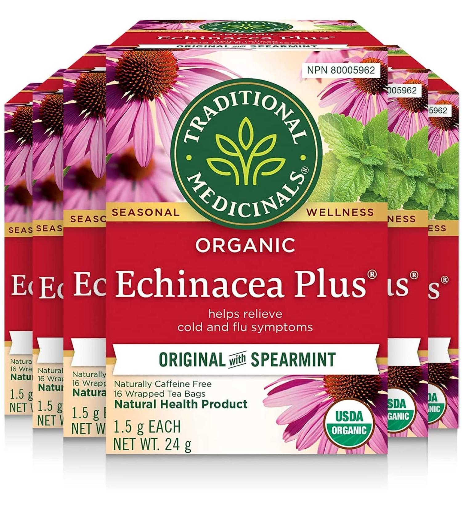Traditional Medicinals - Organic Echinacea Plus Herbal Tea (Pack of 6) - Help Relieve Cold and Flu Symptoms - 96 Tea Bags Total Echinacea Plus 16 Count (Pack of 6) - Buy Online on GoSupps.com