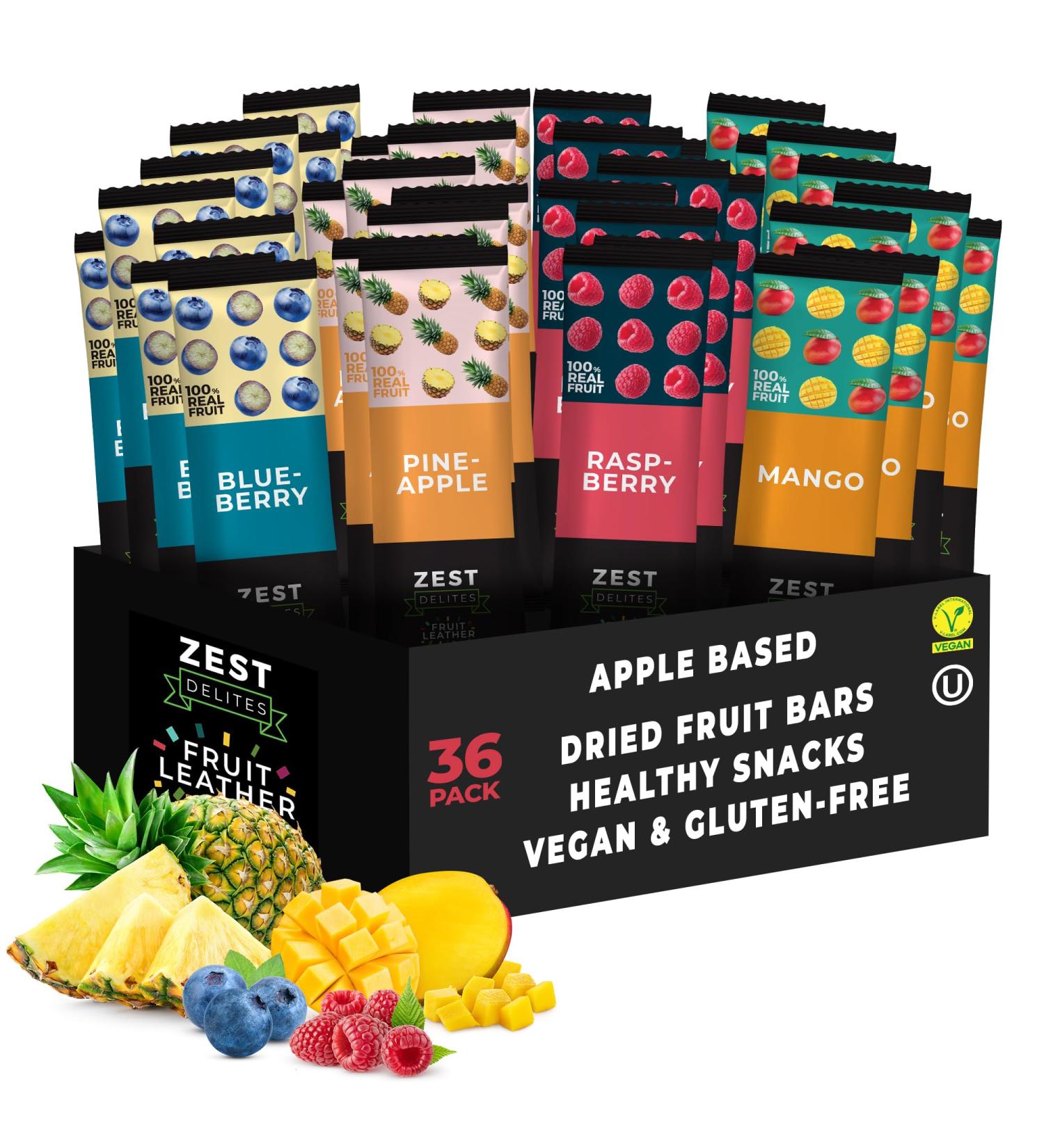Zest Delites Fruits Secs Pate de Fruit Collation Aux Fruits Sains Bonbons Aux Fruits V g taliens Base de Pomme Gluten-Free Fruit Roll Ups 4 Saveurs Ananas Mangue Myrtille Framboise 36x25g Berries & Tropical Fruits 36 count - Buy Online on GoSupps.com