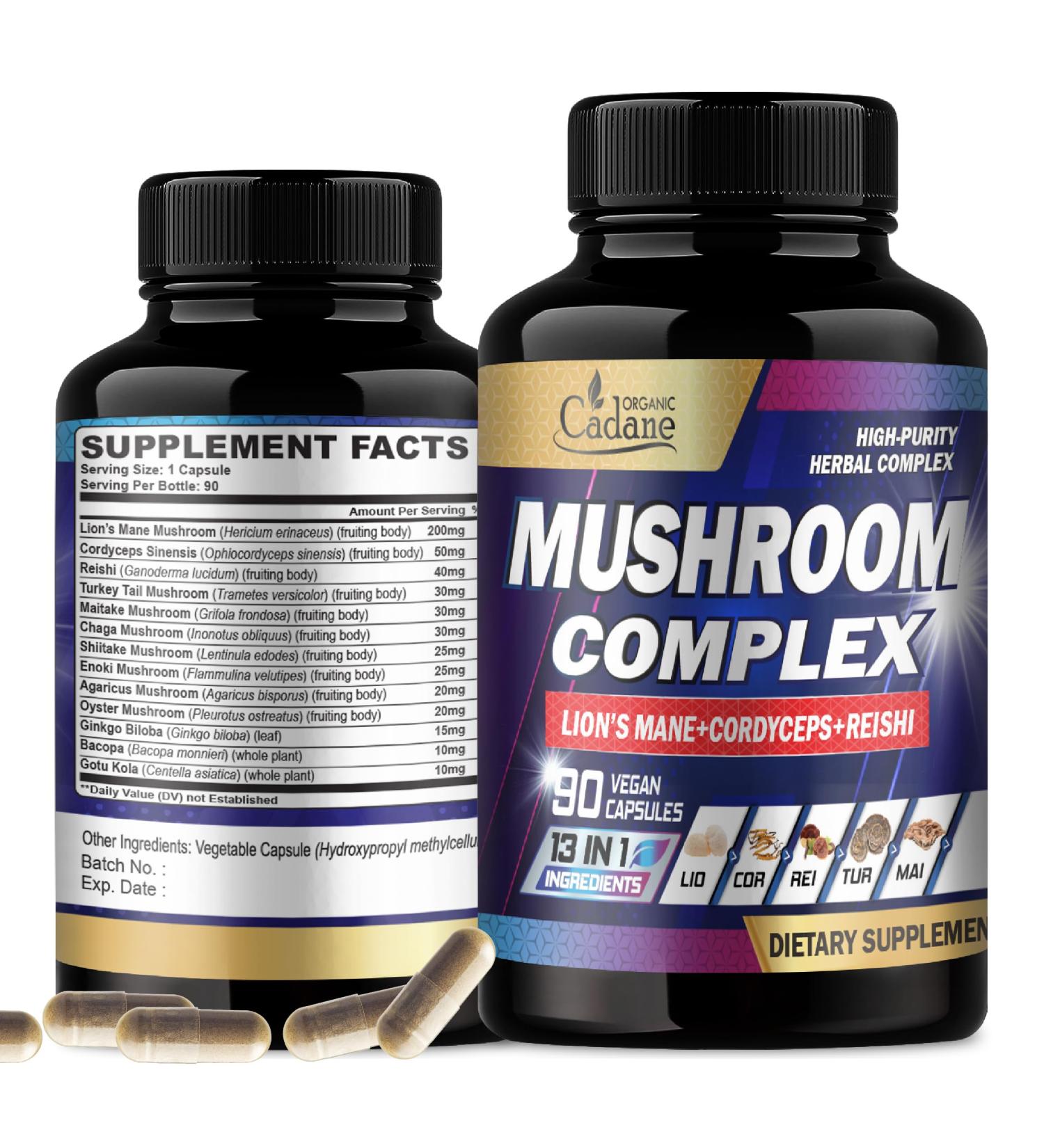 Organic Cadane Mushroom Complex Supplements for 3-Month Supply - 13in1 Lions Mane Cordyceps Sinensis Reishi Turkey Tail Mushroom Maitake Chaga Shiitake Enoki and More - 90 Vegan Capsules - Buy Online on GoSupps.com