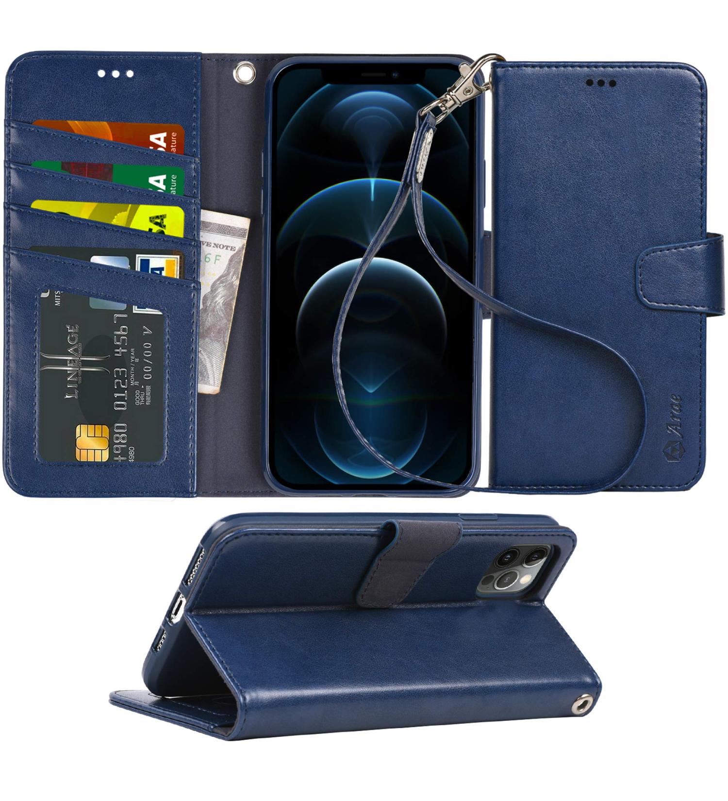 Arae iPhone 12 Pro Max Case Wallet - Blue | Card Holder & Wrist Strap | Compatible & Stylish - Buy Online on GoSupps.com