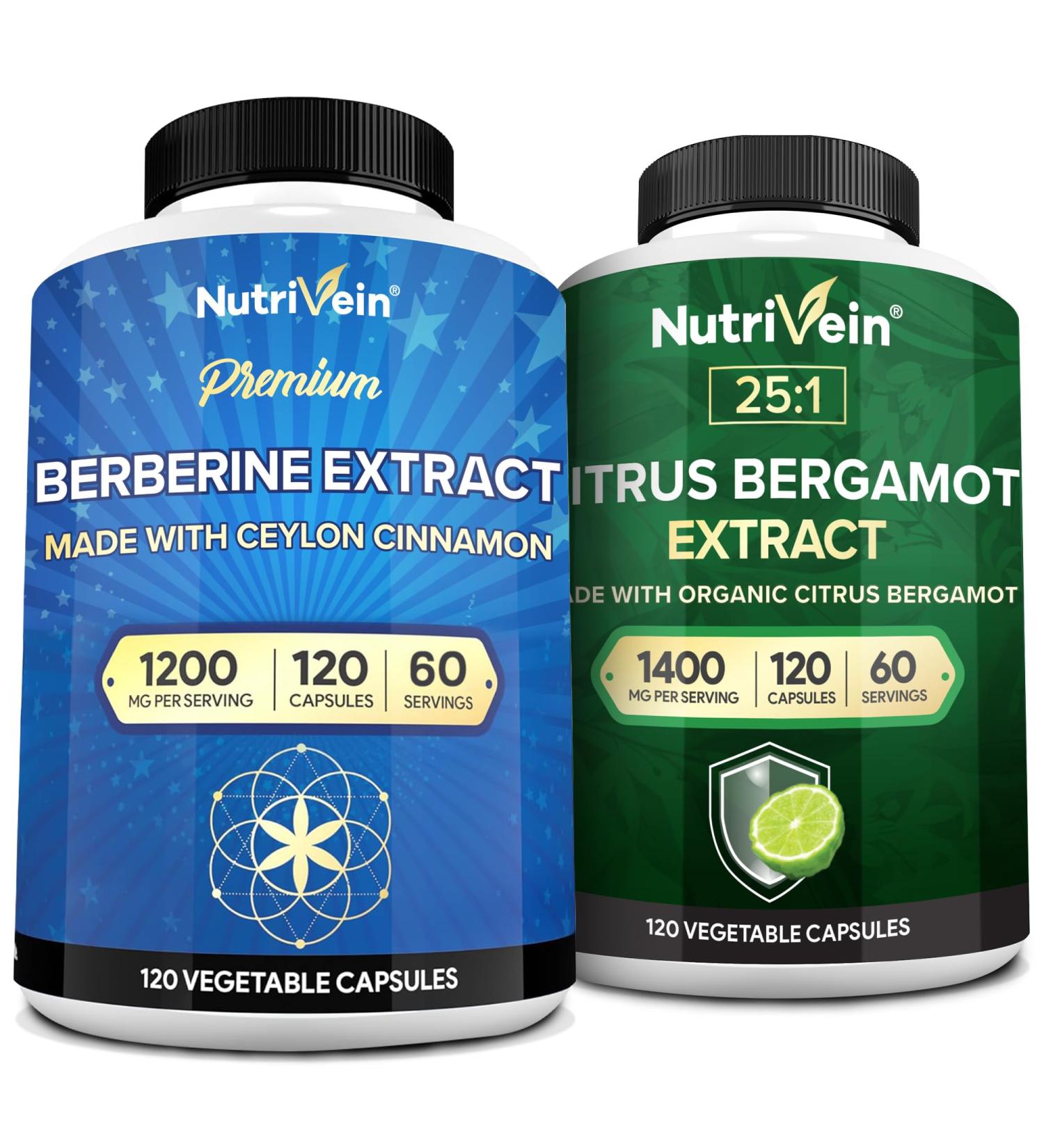 Nutrivein Premium Berberine 1200mg & Citrus Bergamot Extract 1400mg Bundle - Ceylon Cinnamon & 25:1 Bergamia Extract - Weight Management & Immune Support Plus Heart Health - 120 Capsules Each - Buy Online on GoSupps.com