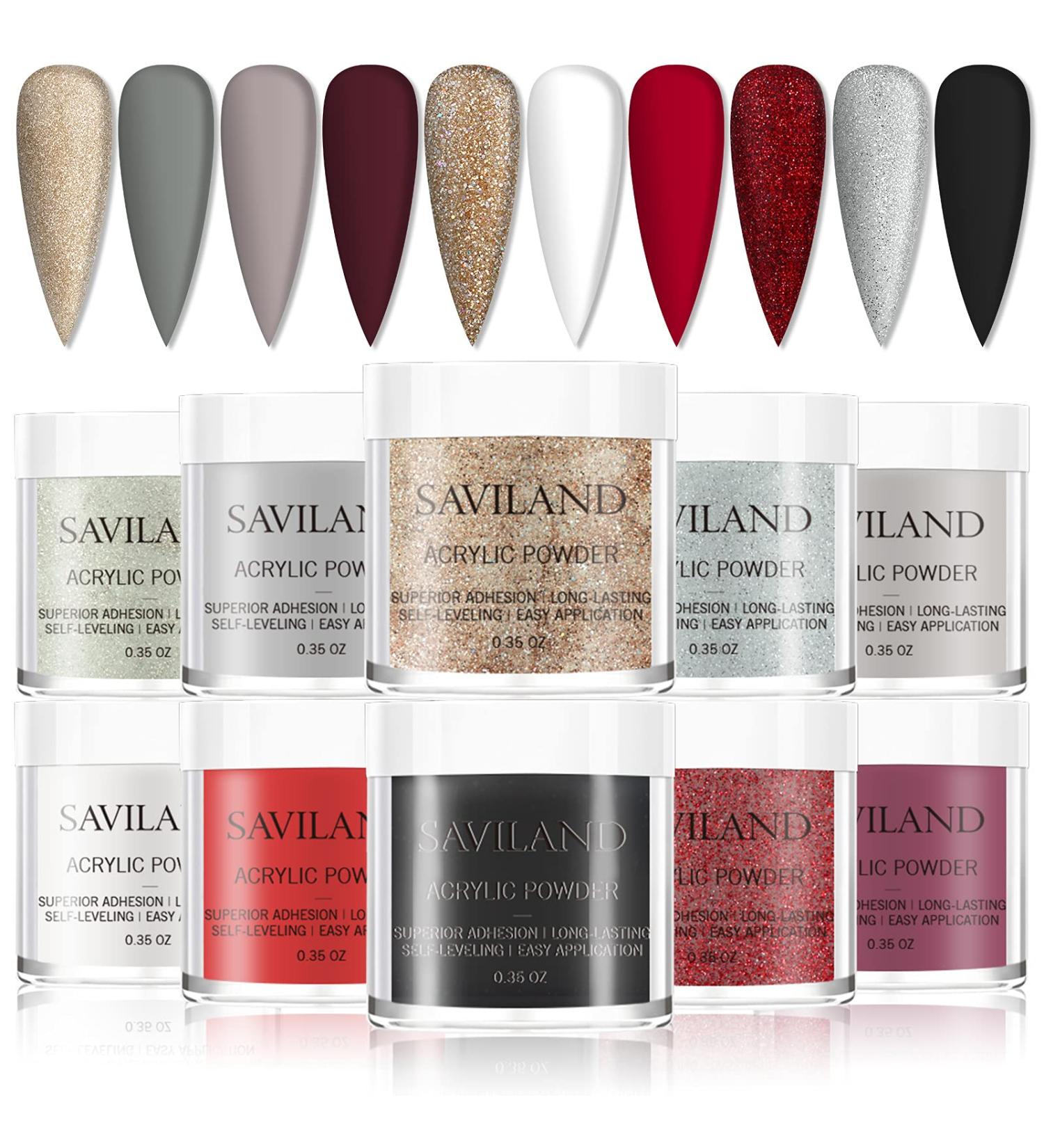 Saviland Acrylic Powder Set - 10 Glitter Colors for Professional Nail Extensions - Prom Queen Red Brown Series - DIY Christmas Gift - Buy Online on GoSupps.com