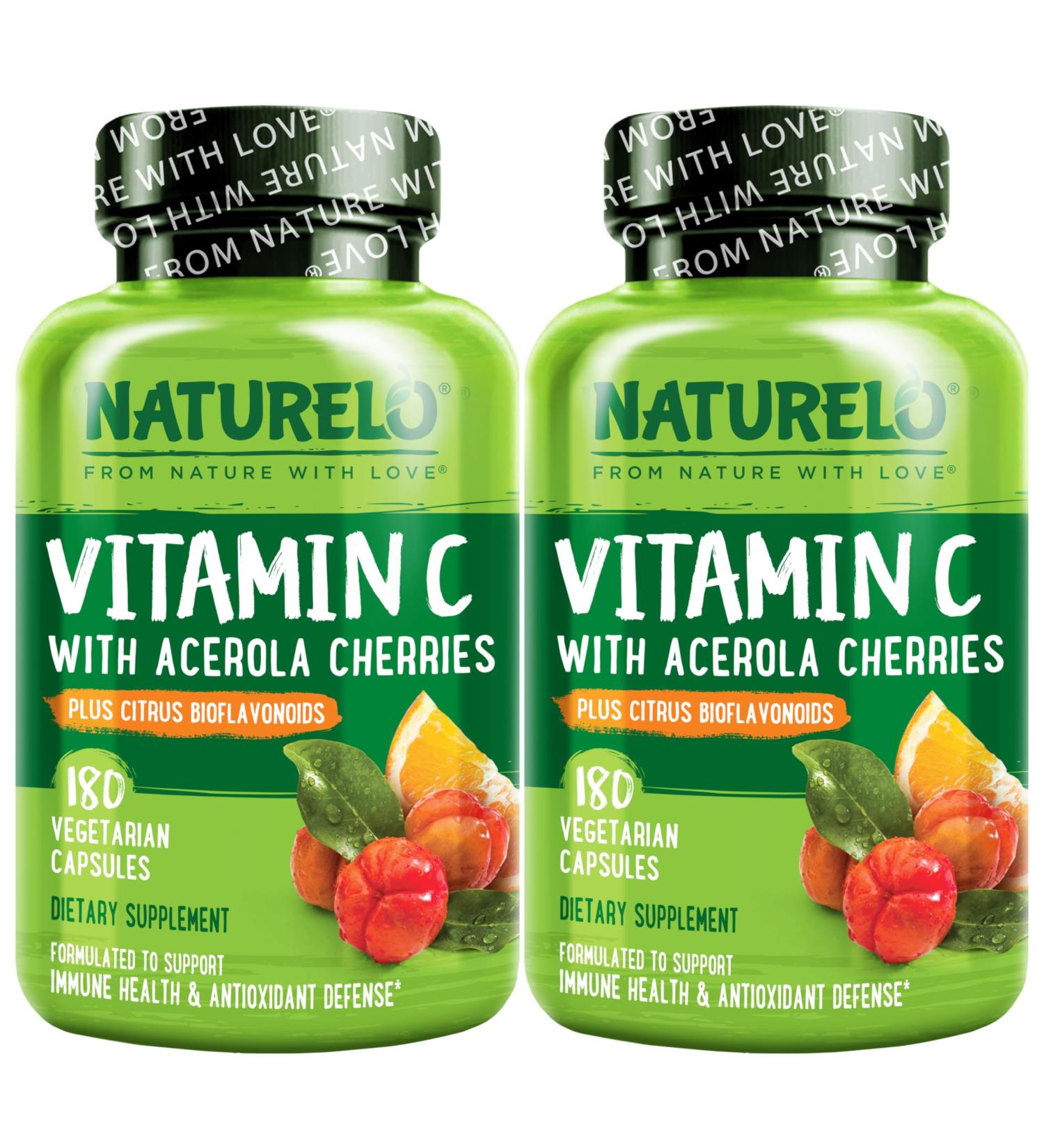 NATURELO Vitamin C with Organic Acerola Cherry Extract and Citrus Bioflavonoids - Vegan Supplement - Immune Support - 500 mg VIT C per Cap - Non-GMO - 180 Capsules (Pack of 2) 180 Count (Pack of 2) - Buy Online on GoSupps.com