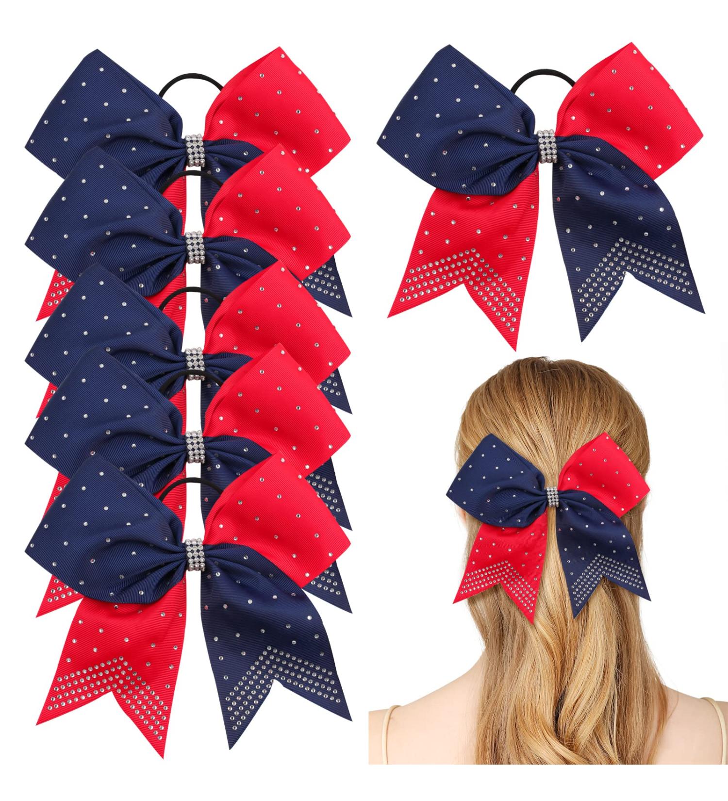 6PCS Large Rhinestone Cheer Hair Bows - Navy/Red | Handmade for Cheerleading Teens and College Sports - Buy Online on GoSupps.com