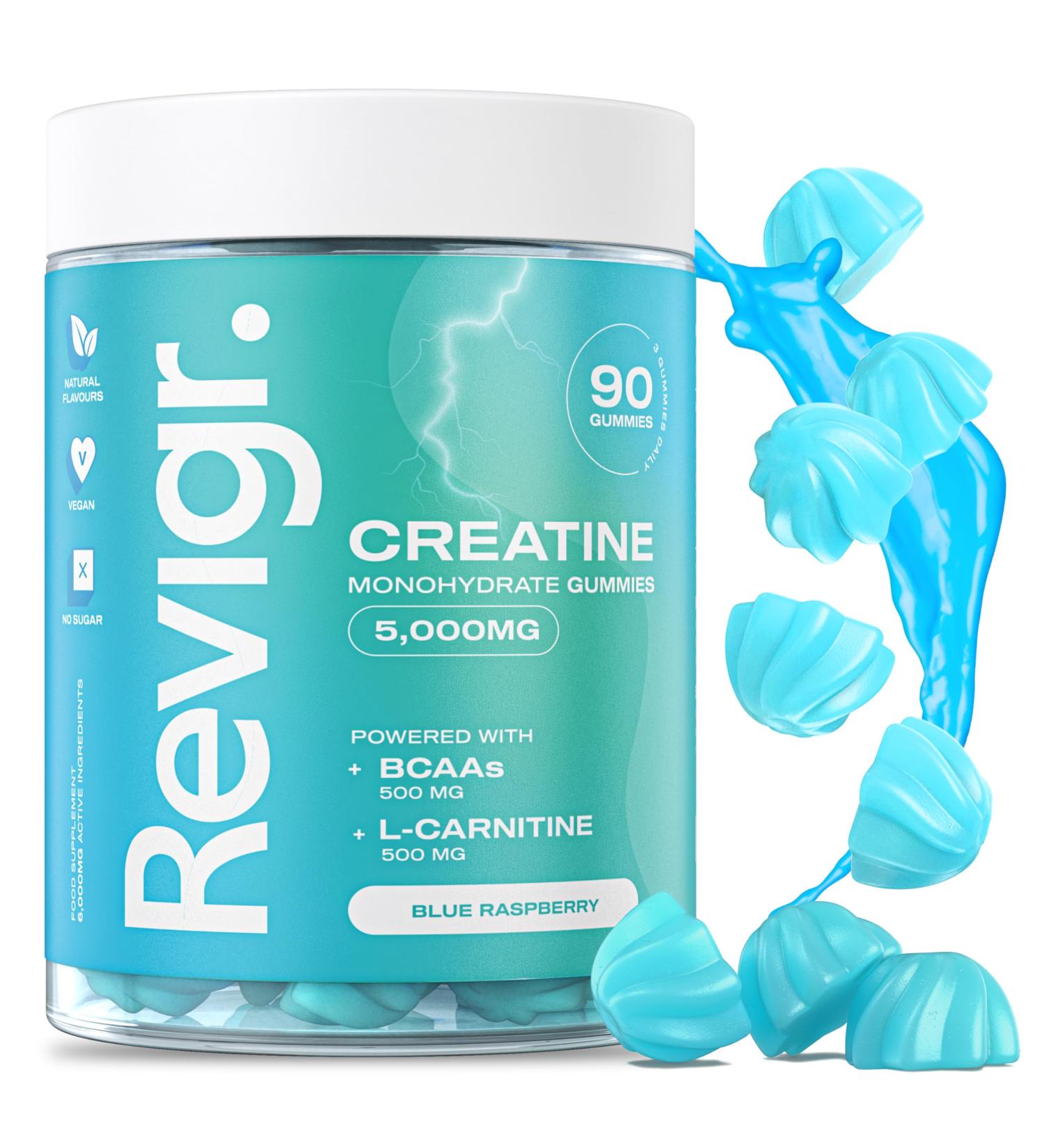 Revigr Max 5000mg 90 Creatine Monohydrate Gummies Added 500mg BCAAs + 500mg L-Carnitine Vegan & Sugar-Free Premium Pre-Workout Gym Supplement (1 Month Supply) (Blue Raspberry) - Buy Online on GoSupps.com