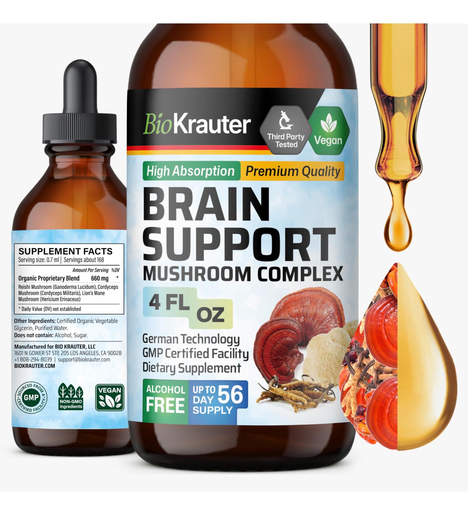 BIO KRAUTER Brain Support Mushroom Supplement - Lions Mane Cordyceps and Reishi Liquid Extract - Mushroom Tincture - Vegan Alcohol & Sugar Free Drops 4 Fl.Oz. - Buy Online on GoSupps.com