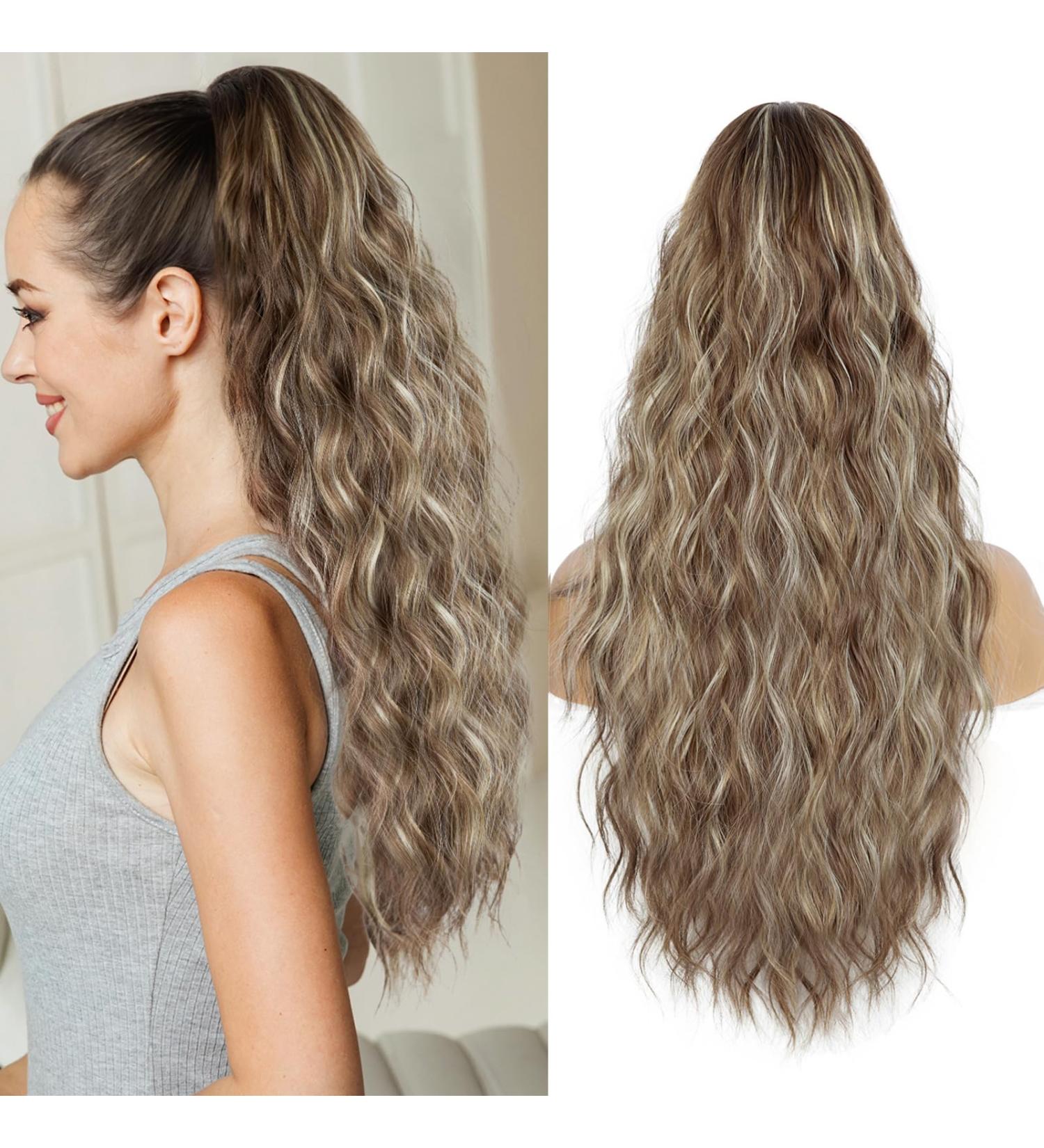 26 Inch Synthetic Ponytail Extension in Ash Brown with Platinum Blonde Highlights - Long Hair Piece for Women, Soft Natural Drawstring Ponytail Extension for Daily Use - Buy Online on GoSupps.com