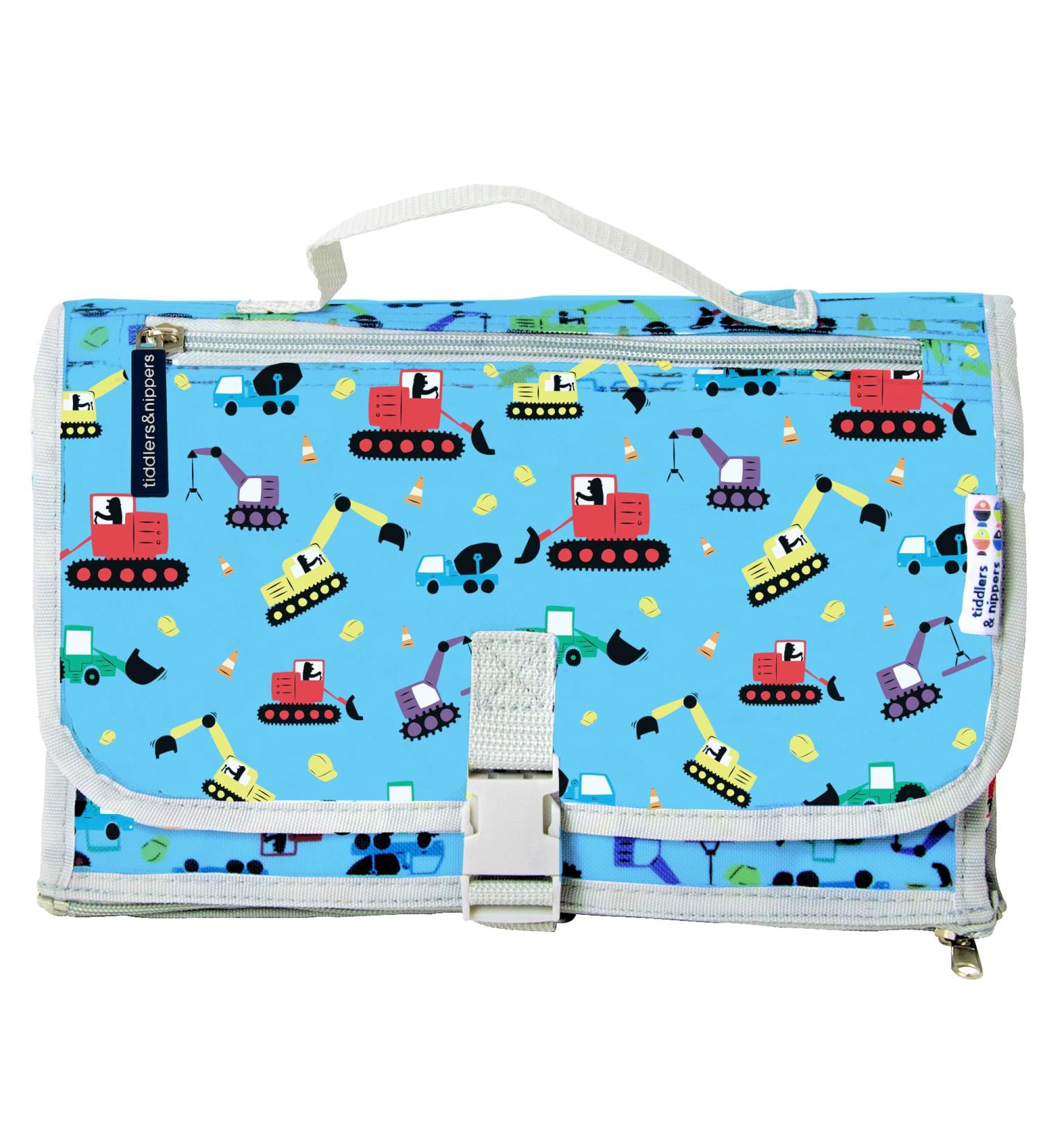 tiddler Easy-Change mat | Portable Baby & Toddler Travel Changing Mat | Expandable Lightweight & Wipe Clean | Multiple Zipped Pockets Padded Lining Detachable Clutch & Clip (Diggers & Lorries)