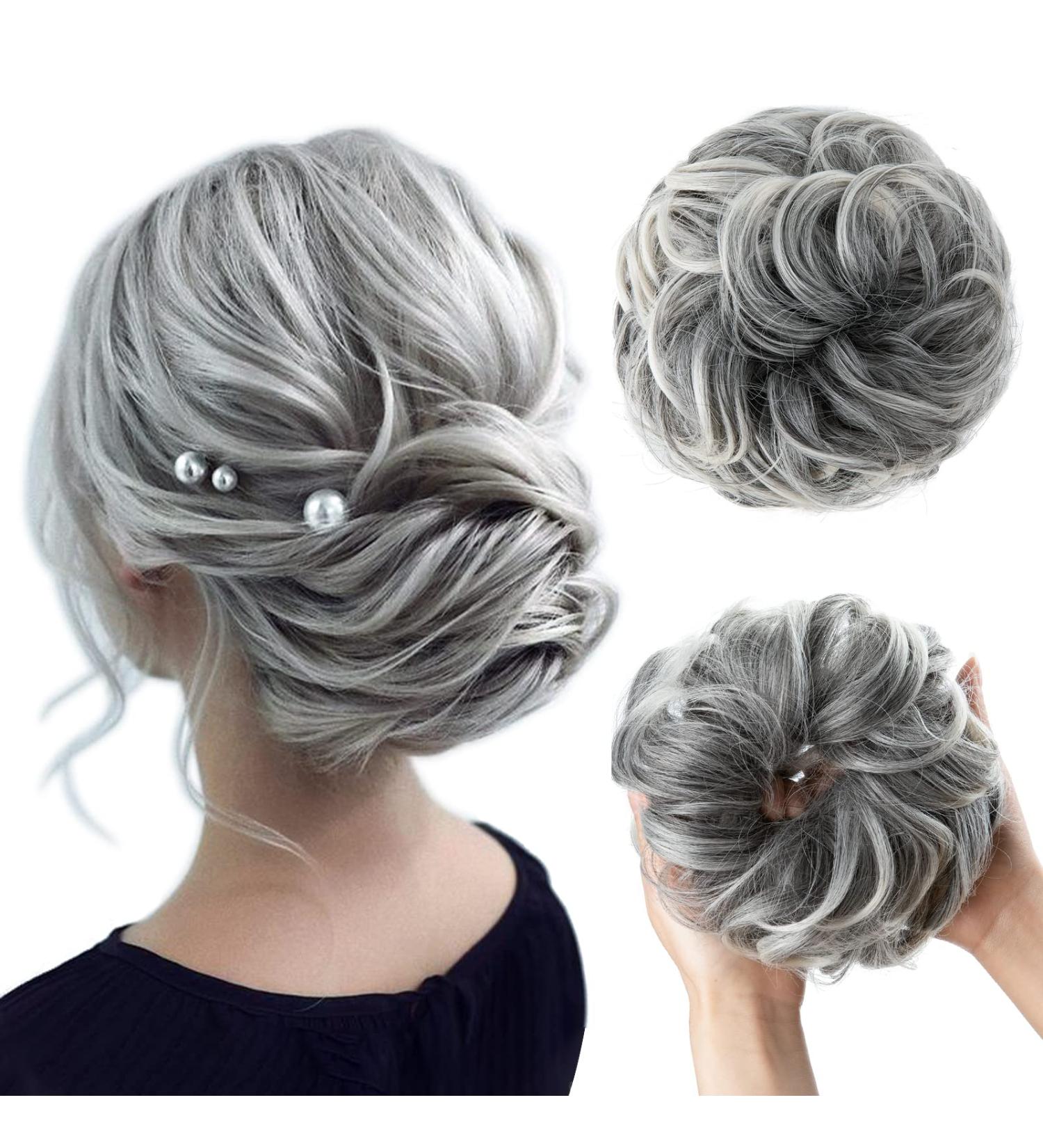SARLA Messy Bun Hair Scrunchie for Women - Curly Wavy Updo Ponytail Extension in Black with Grey to Platinum Blonde Highlights - Buy Online on GoSupps.com