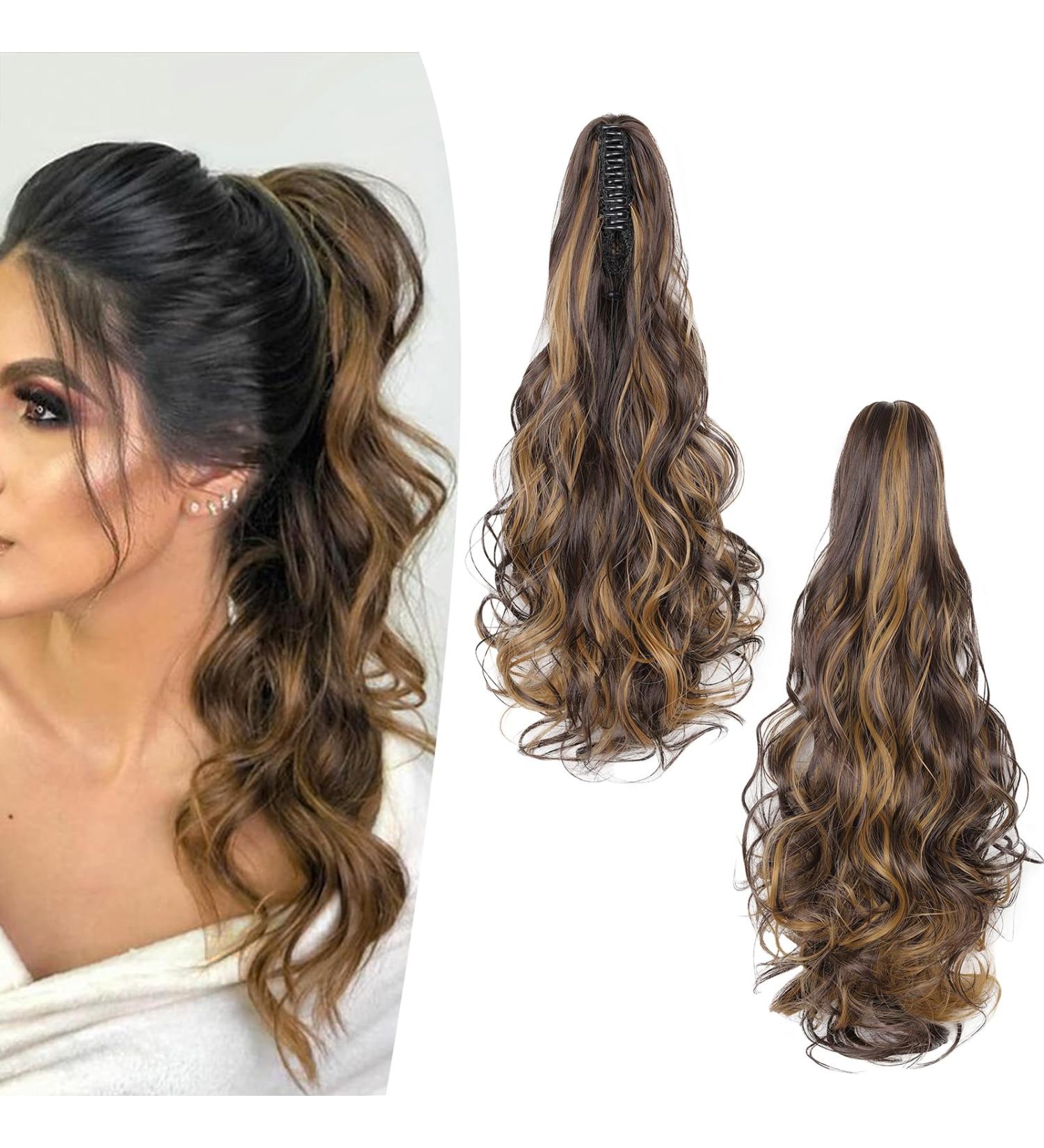 Buy Gairyan 50cm Long Curly Ponytail Hair Extensions - Medium Brown & Dark Blonde Claw Clip Synthetic Wavy Hair for Women - Buy Online on GoSupps.com