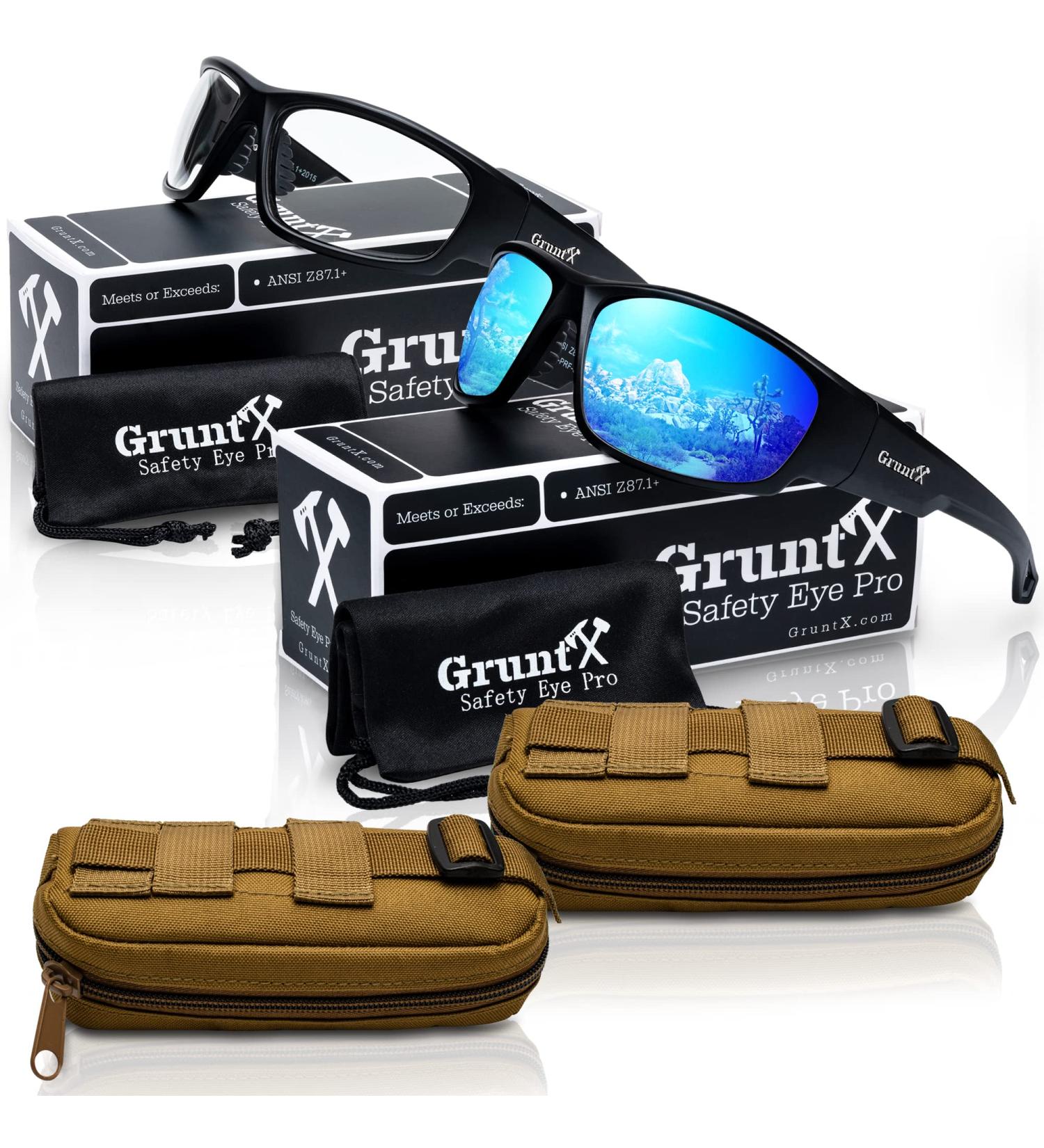GruntX Ballistic Shooting Safety Glasses & Sunglasses Gift Pack - Polarized & Clear Lenses - Blue/Clear + Molly Pouches - Buy Online on GoSupps.com