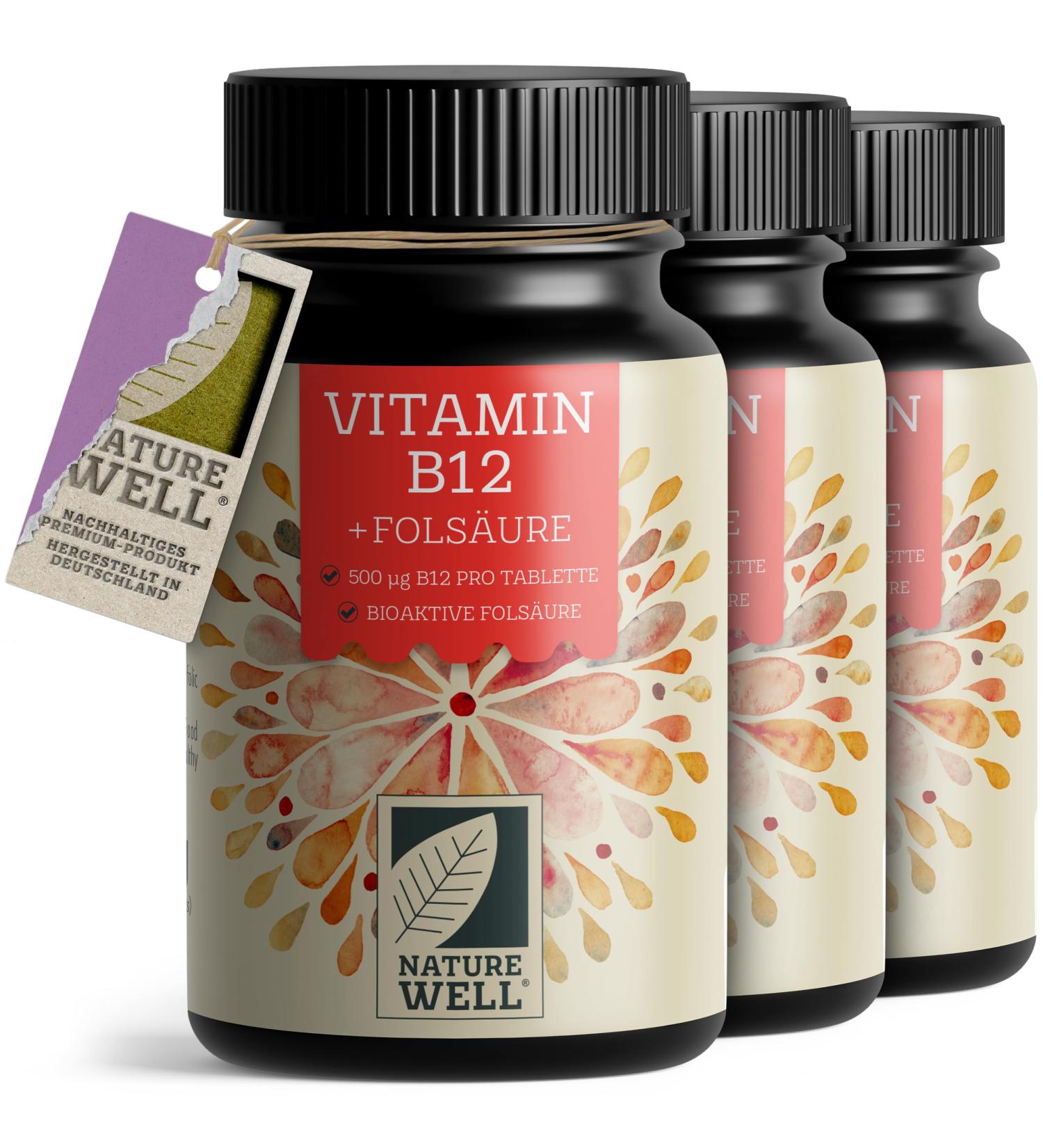 High-Dose Vitamin B12 Tablets - 3x365 Vegan with 500 g B12 & 200 g Folic Acid | Methylcobalamine & Quatrefolic  - Buy Online on GoSupps.com