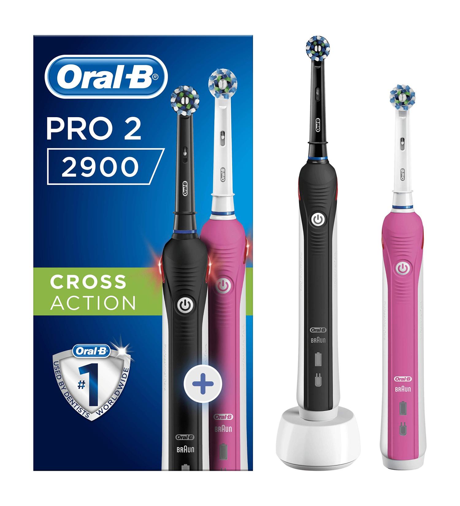 Oral-B Pro 2 Electric Toothbrush with Smart Pressure Sensor - 2 Handles, 2 Cross Action Heads, 2 Modes - Daily Clean Gifts for Men/Women - 2 Pin UK Plug - Black & Pink - Buy Online on GoSupps.com