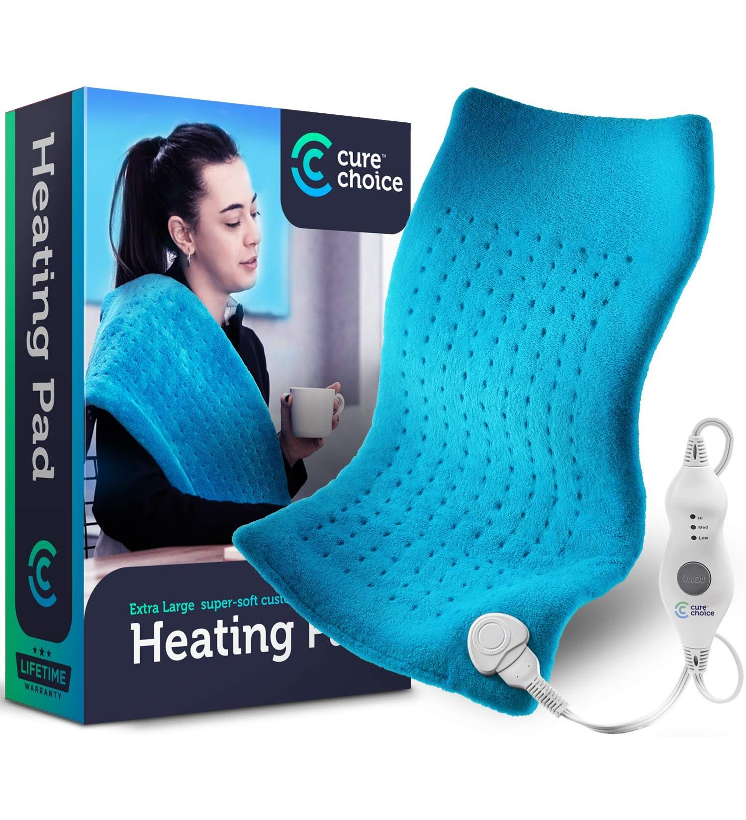 Cure Choice Large Electric Heating Pad for Back Pain Relief - Ultra Soft 12x24 with Storage Pouch - Muscle Cramps Heating Pad - Adjustable Temperature Settings & Safe Auto Shut - Blue - Buy Online on GoSupps.com