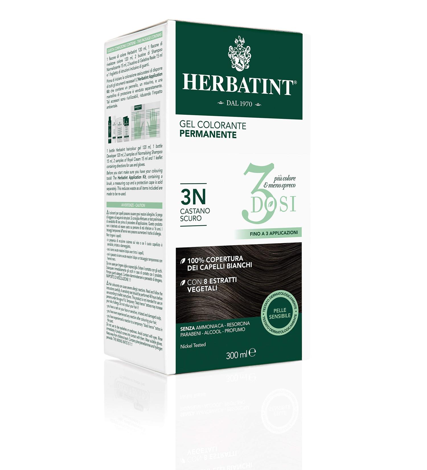  Herbatint Herbatint Permanent Hair Color Gel 3 doses 300 ml 3 N dark brown ammonia-free for sensitive skin 100% gray coverage with 8 natural organic extracts - Buy Online on GoSupps.com