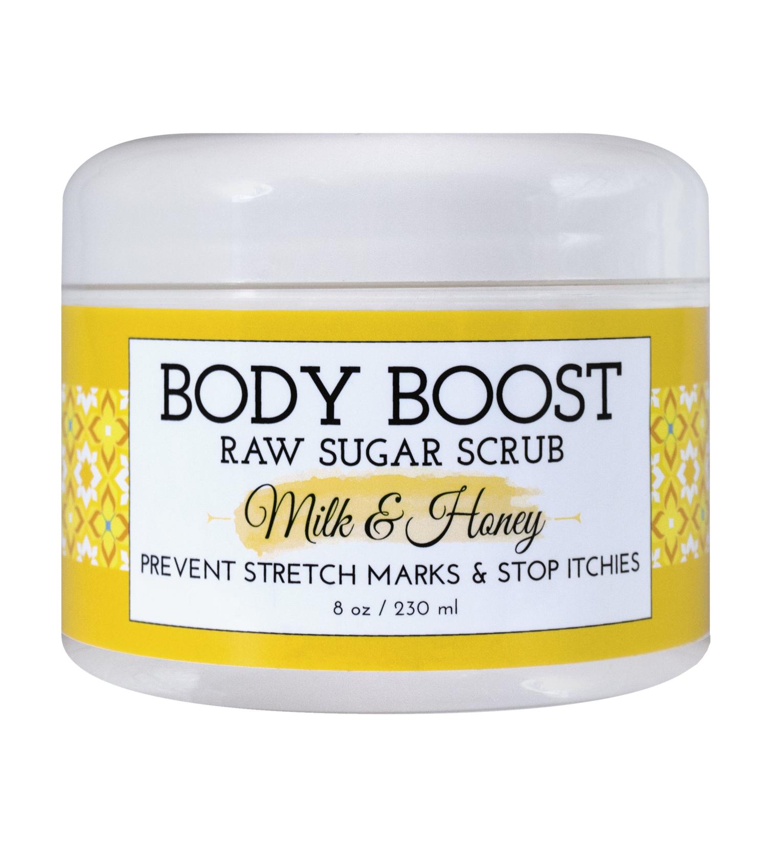 Body Boost Milk & Honey Sugar Scrub 8 oz - For Dry Skin, Stretch Marks, Scars - Pregnancy Safe - Allergen Free - Buy Online on GoSupps.com