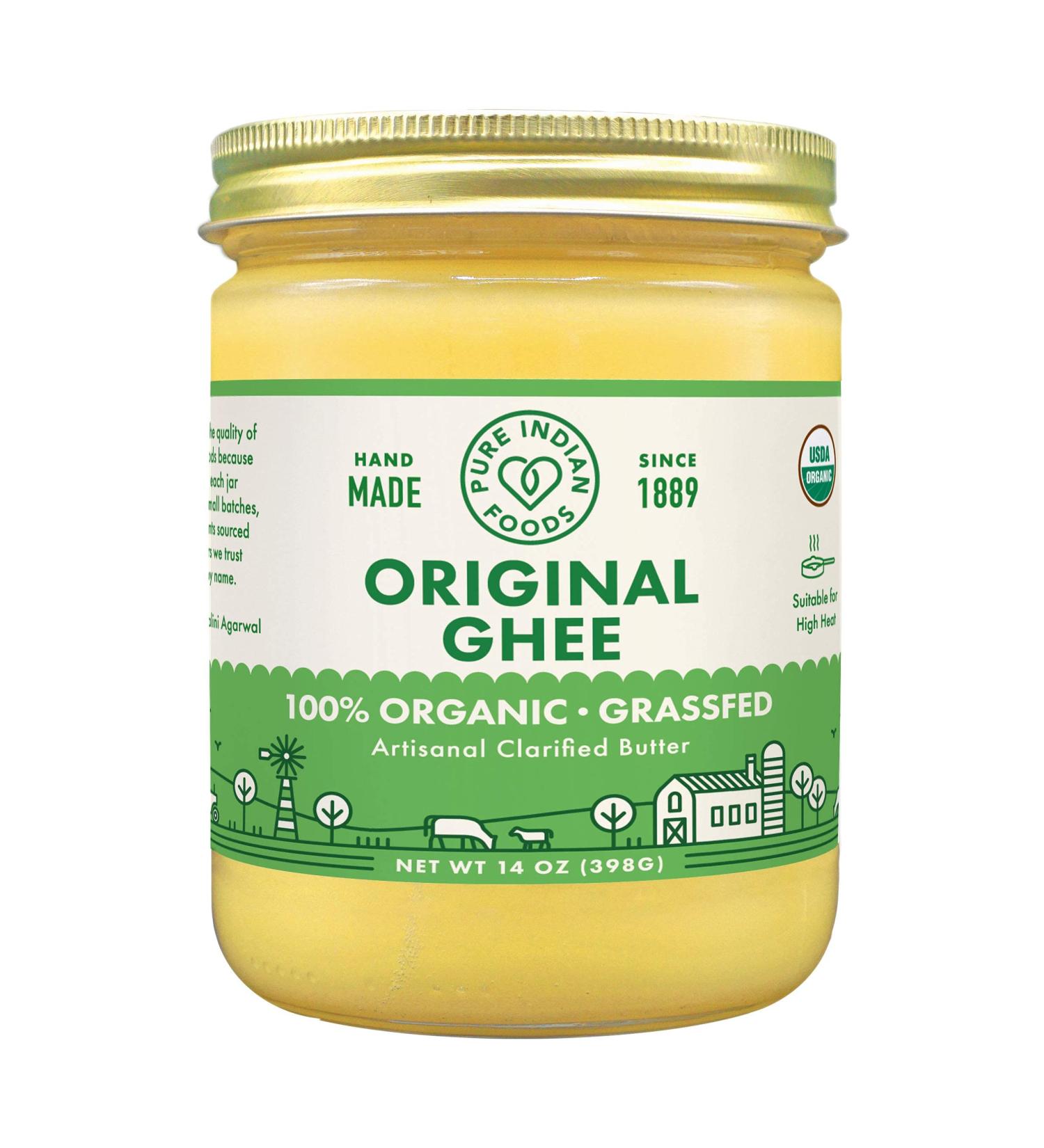 Pure Indian Foods Organic Grassfed Original Ghee 14 oz - Pasture Raised, Gluten-Free, Non-GMO, Paleo & Keto-Friendly Cooking Fat - Clarified Butter (16 fl oz) - Buy Online on GoSupps.com
