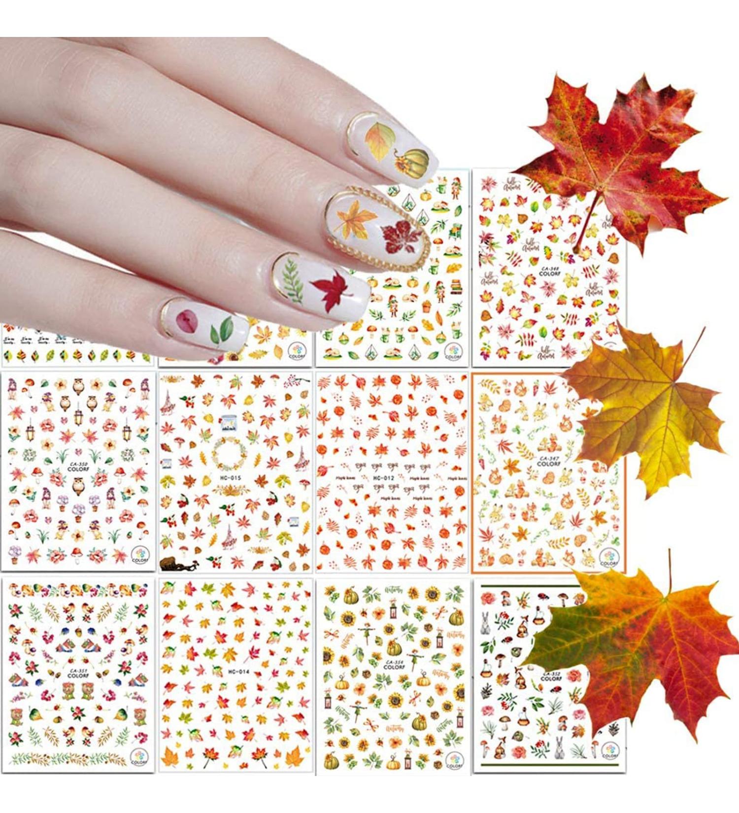 Kalolary Autumn Nail Stickers - 12 Self-Adhesive 3D Designs with Maple Leaves Pumpkins Squirrels & Sunflowers for Women's DIY Nail Art - Buy Online on GoSupps.com